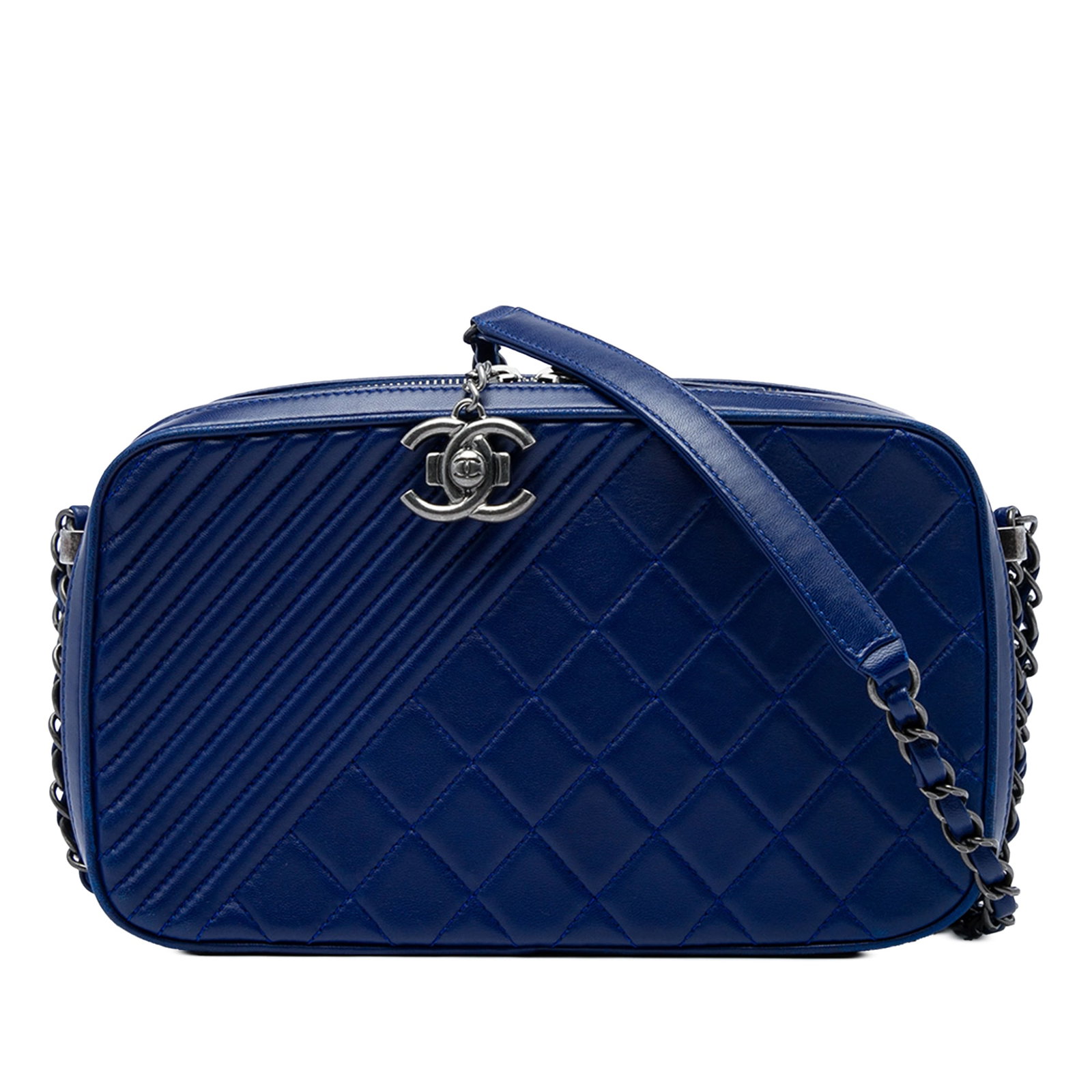 Chanel Coco Boy Large Blue Quilted Lambskin Camera Bag: Chanel Coco Boy Large Blue Quilted Lambskin Camera Bag A Chanel Coco Boy Camera Bag crafted in blue quilted lambskin leather. This bag features a leather-woven chain link shoulder strap with a leather