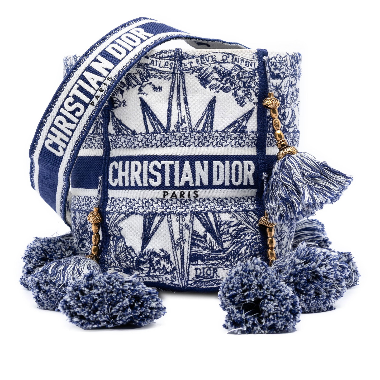Dior Reve d Infini embroidered canvas bucket bag: Dior Reve d Infini embroidered canvas bucket bag This Dior Canvas Embroidered Reve d Infini D Bubble Bucket Bag features a blue embroidered canvas body, a flat canvas strap, and an open top design. Ma