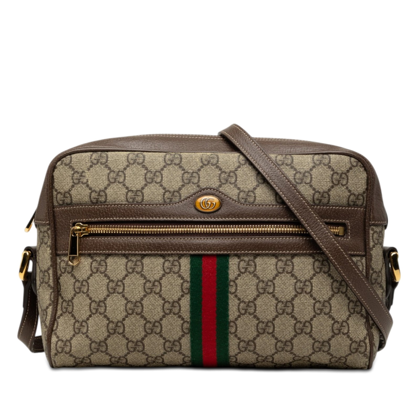 Gucci Ophidia GG Supreme coated canvas crossbody bag: Gucci Ophidia GG Supreme coated canvas crossbody bag Gucci GG Supreme Ophidia crossbody bag in beige with a coated canvas body and leather trim. The bag features a flat leather strap, top zip closure,