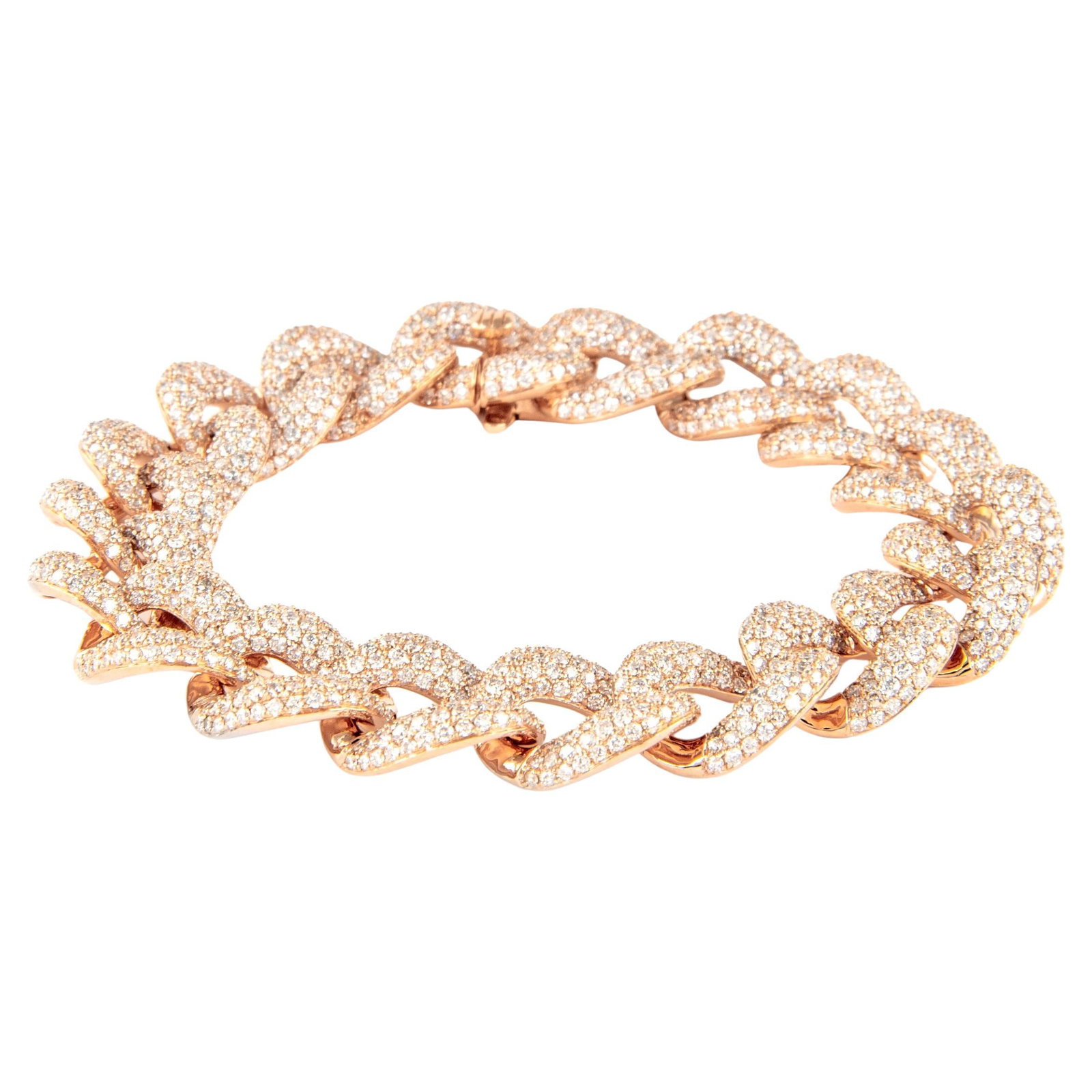 18k Rose Gold Cuban Link Diamond Bracelet 11.39ct: 18k Rose Gold Cuban Link Diamond Bracelet 11.39ct Modern Cuban link bracelet set with round brilliant diamonds in 18k rose gold. This un-used bracelet features 1,648 diamonds with a total weight of 11