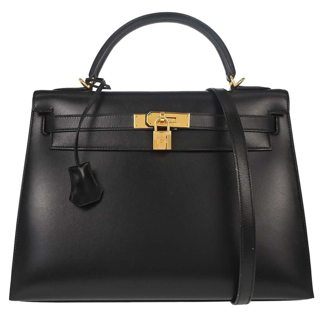 HERMES Kelly 32 Sellier Black Box Calf Top Handle Bag: HERMES Kelly 32 Sellier Black Box Calf Top Handle Bag Hermes Kelly 32 Sellier 2way handbag in black Box calf leather, made in France. It features a top handle, turn lock closure, gold-tone hardware, a