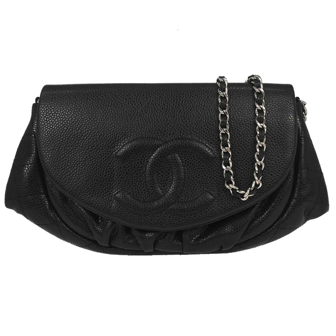 Chanel Half Moon Wallet on Chain Black Calfskin: Chanel Half Moon Wallet on Chain Black Calfskin Chanel Half Moon Wallet on Chain in black. This women's bag is made in Italy and features a very good overall condition with light marks and light scrat