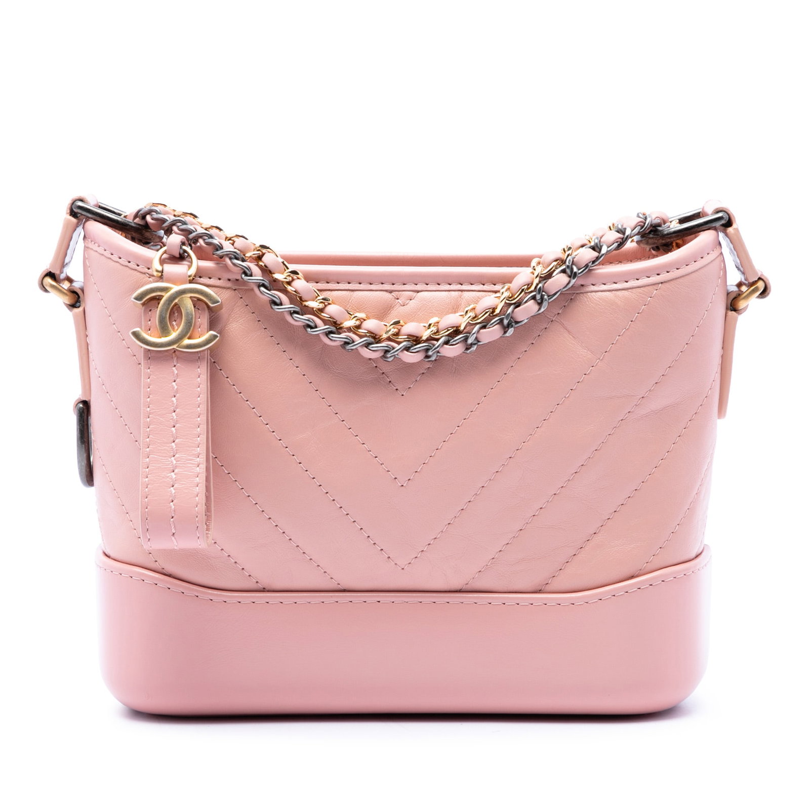 Chanel Gabrielle Hobo Small Pink Chevron Aged Calfskin Bag: Chanel Gabrielle Hobo Small Pink Chevron Aged Calfskin Bag A Chanel Gabrielle hobo bag crafted in pink aged calfskin with a chevron quilted body. This small bag features leather-woven chain shoulder s