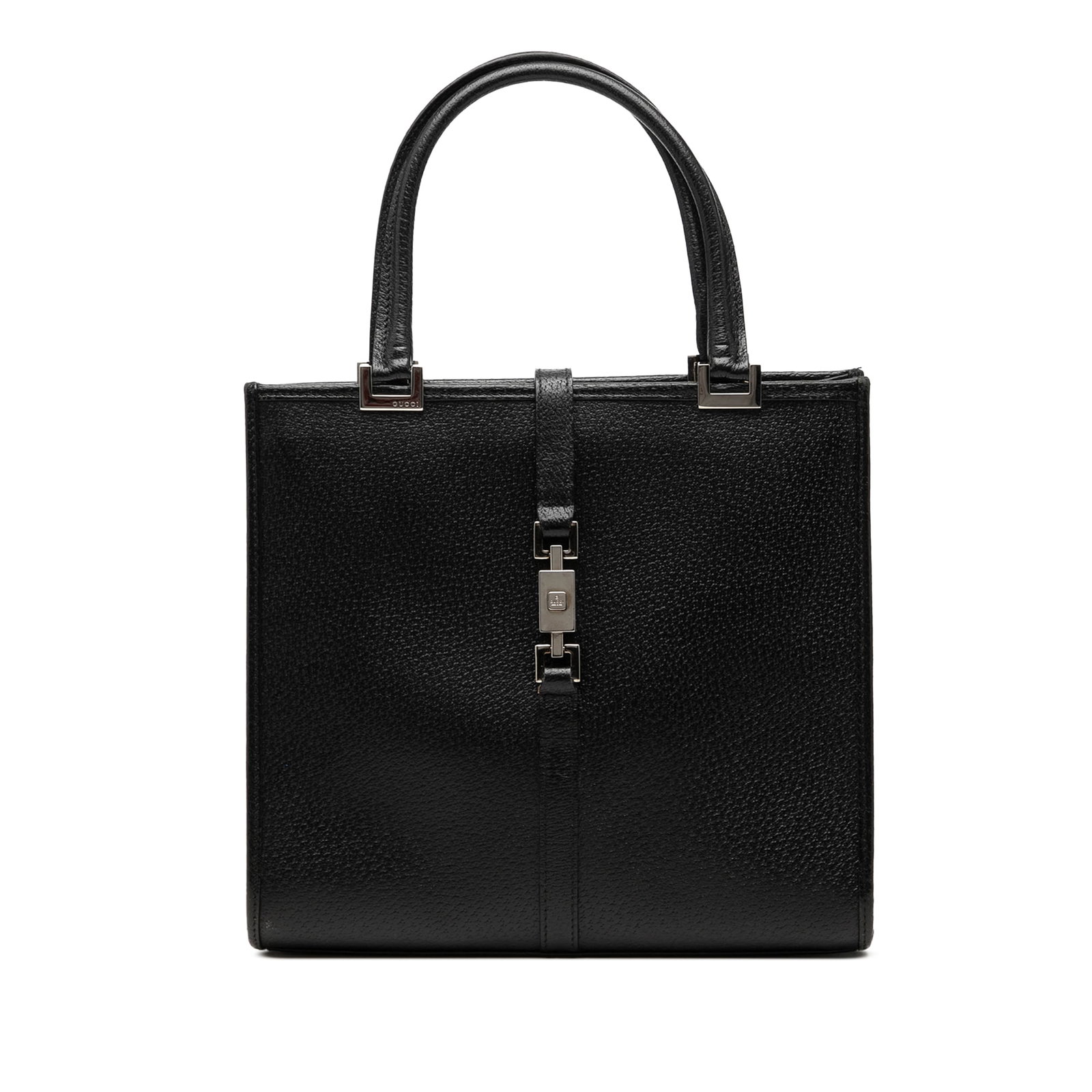 Gucci Jackie black leather top handle bag: Gucci Jackie black leather top handle bag Gucci Jackie handbag in black calfskin leather with rolled leather handles, a top strap, and a geometric piston lock closure. The interior includes a zip pock