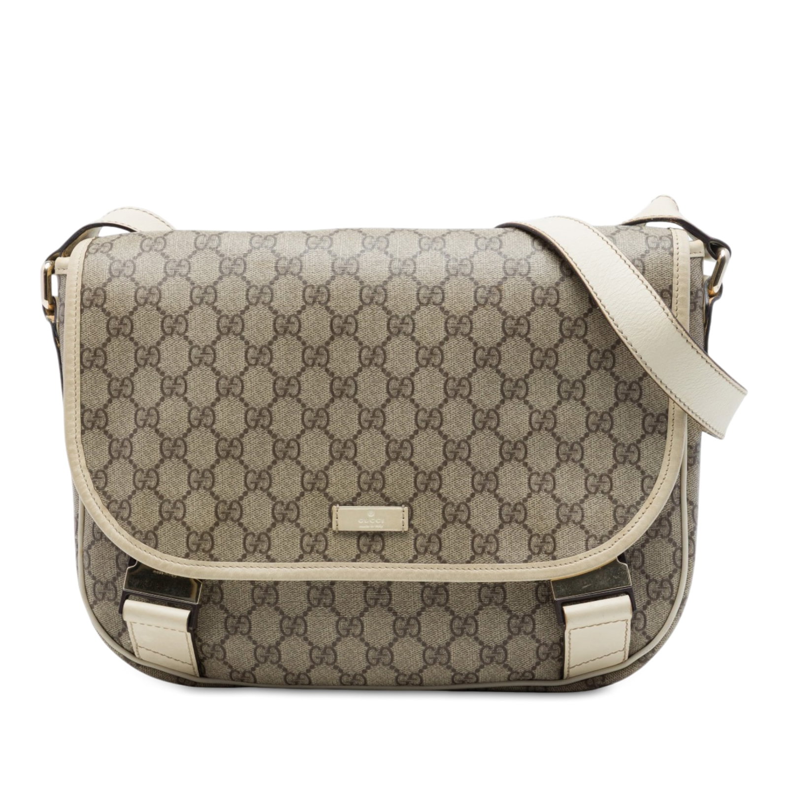 Gucci GG Supreme coated canvas crossbody bag beige: Gucci GG Supreme coated canvas crossbody bag beige Gucci GG Supreme Crossbody bag with a coated canvas body and leather trim. It features an adjustable flat leather strap, a flap front with dual buckl
