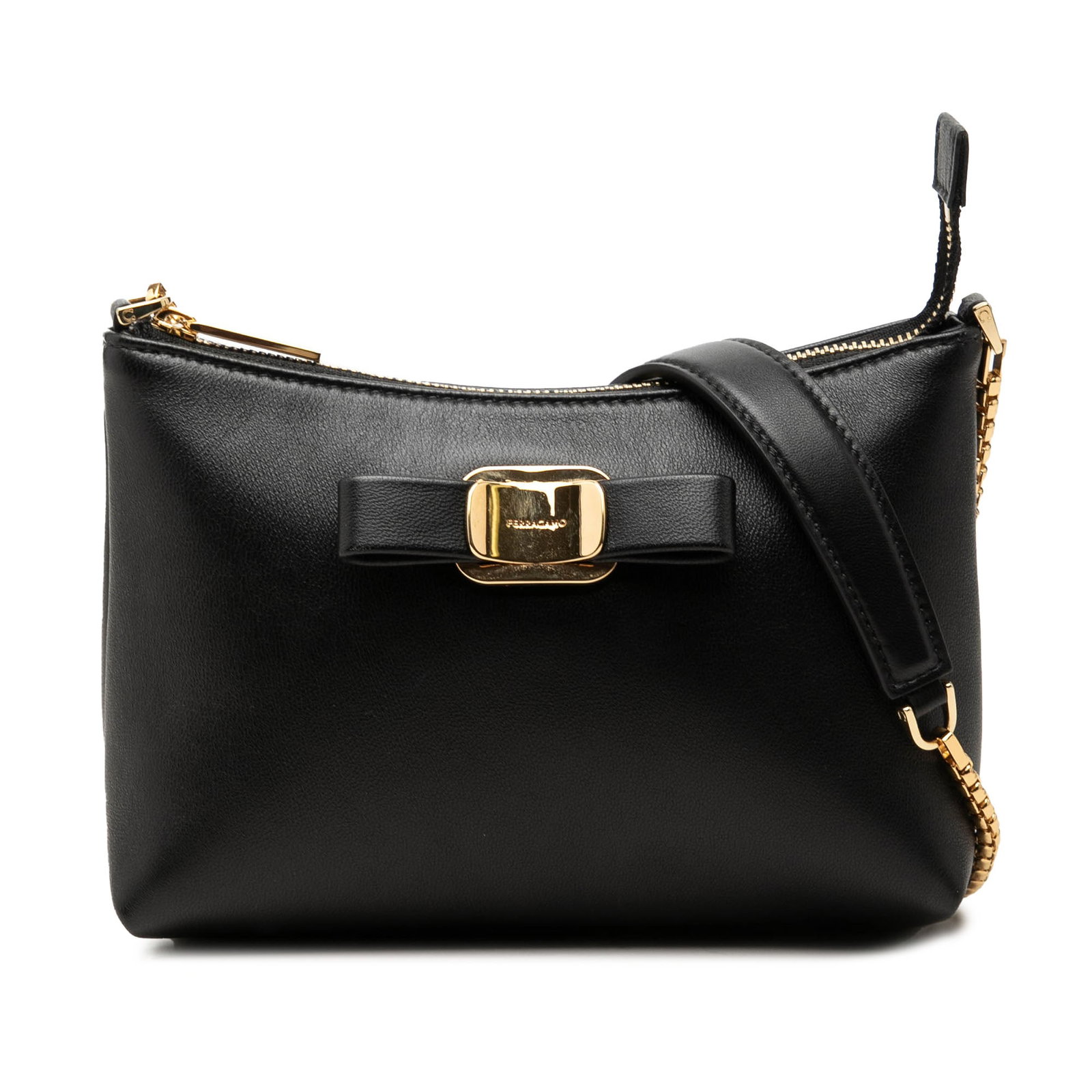 Ferragamo Vara Bow Mini Chain Crossbody Bag in Black Leather: Ferragamo Vara Bow Mini Chain Crossbody Bag in Black Leather Compact and elegant, this Ferragamo Mini Leather Vara Bow Chain Crossbody is crafted in black calf leather and finished with the signature 