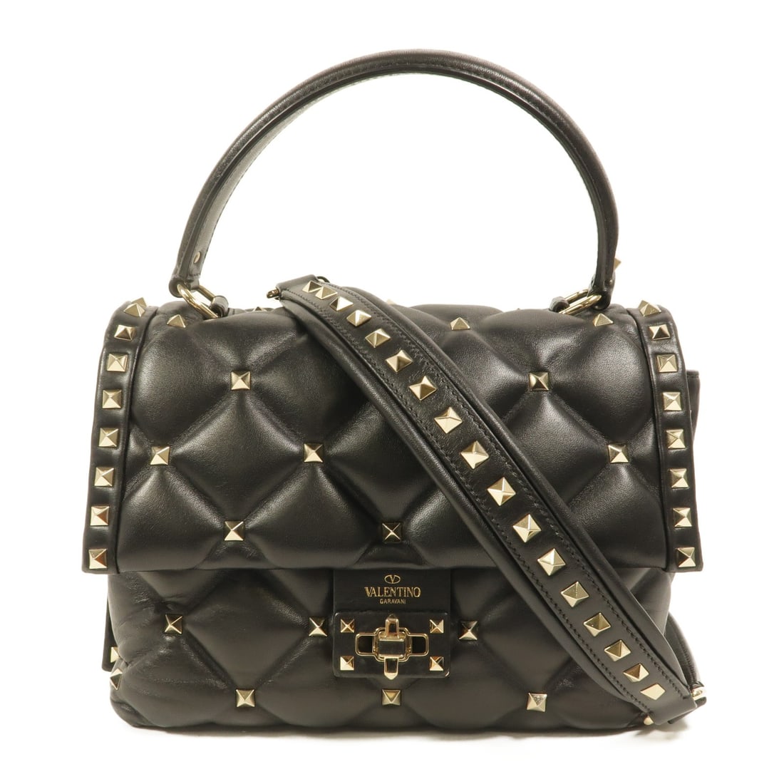 Valentino Candystud Lambskin 2 Way Shoulder Bag Black: Valentino Candystud Lambskin 2 Way Shoulder Bag Black Valentino Candystud 2-way shoulder bag in black lambskin leather. This women's bag features a structured design with a turn-lock closure, an exter