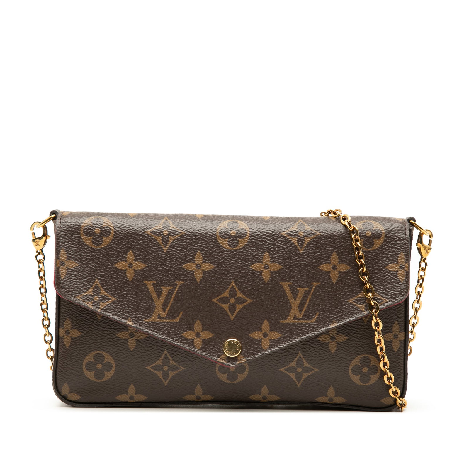Louis Vuitton Felicie Monogram Canvas Chain Shoulder Bag: Louis Vuitton Felicie Monogram Canvas Chain Shoulder Bag Louis Vuitton Monogram Pochette Felicie in brown monogram canvas with a detachable chain strap and front flap snap closure. The interior includ