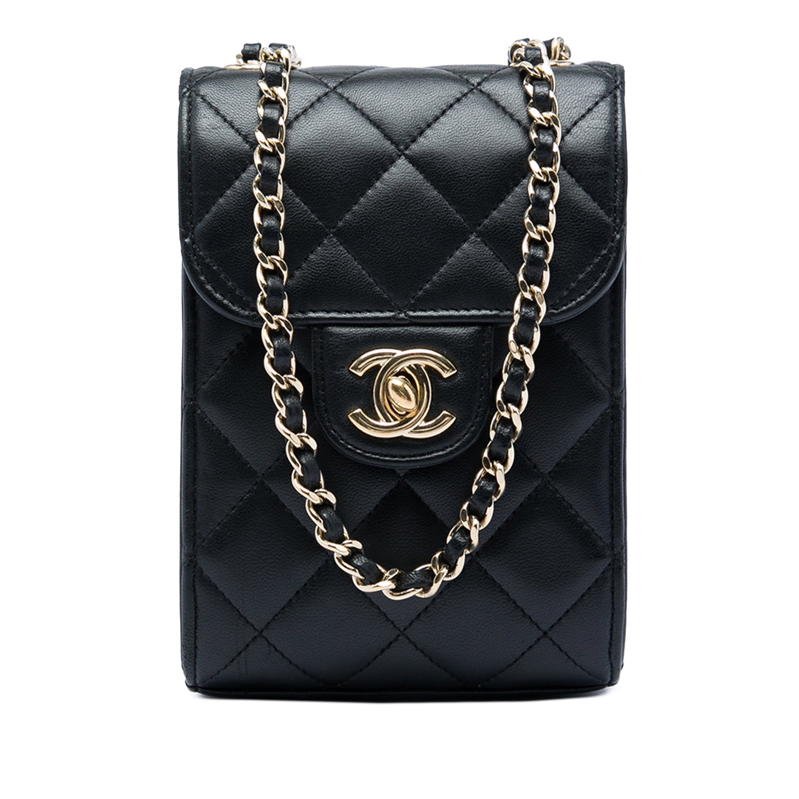 Chanel CC Quilted Lambskin Chain Phone Holder Crossbody Bag: Chanel CC Quilted Lambskin Chain Phone Holder Crossbody Bag A Chanel CC Quilted Lambskin Phone Holder with Chain in black lambskin leather. This crossbody bag features a leather-woven chain link strap