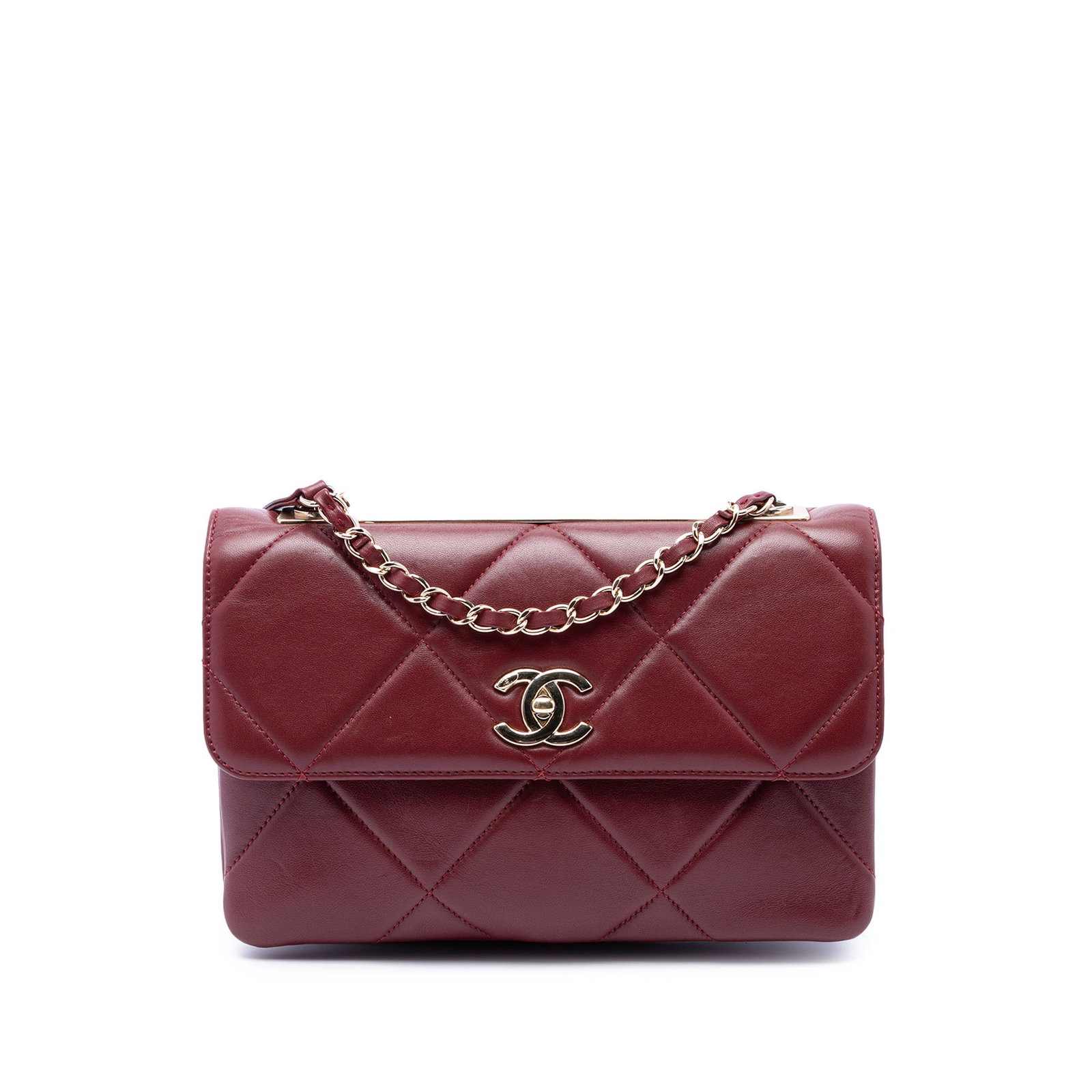 Chanel Trendy CC Flap Red Quilted Lambskin Shoulder Bag: Chanel Trendy CC Flap Red Quilted Lambskin Shoulder Bag A Chanel Trendy CC Flap shoulder bag crafted in red quilted lambskin leather. It features a leather-woven chain strap with a leather shoulder gu