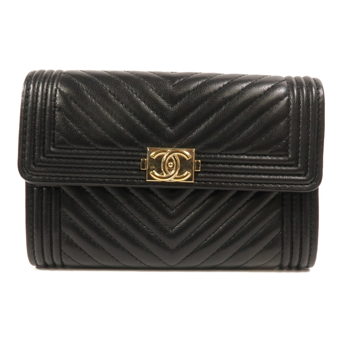 CHANEL Boy Chanel CC Bifold Wallet Black Lambskin Leather: CHANEL Boy Chanel CC Bifold Wallet Black Lambskin Leather A CHANEL Boy Chanel bifold wallet crafted in black lambskin leather with the signature CC design and GHW. This women's wallet features a hook 