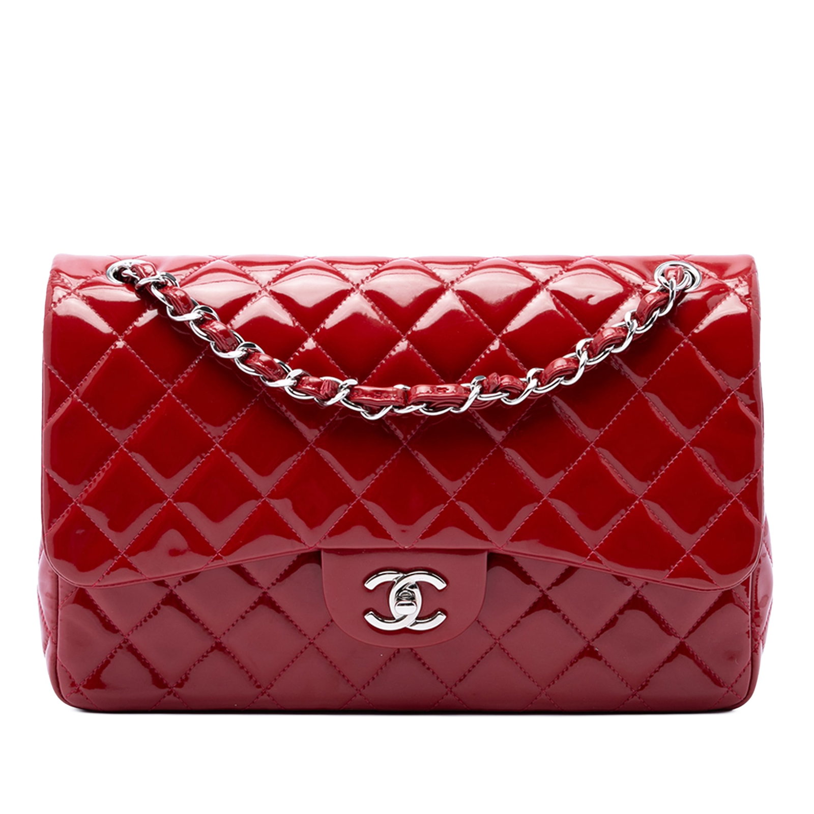 Chanel Jumbo Classic Patent Double Flap Red Leather Shoulder Bag: Chanel Jumbo Classic Patent Double Flap Red Leather Shoulder Bag A Chanel Jumbo Classic Patent Double Flap bag crafted in red quilted patent leather with chain link shoulder straps, a back slip pocket