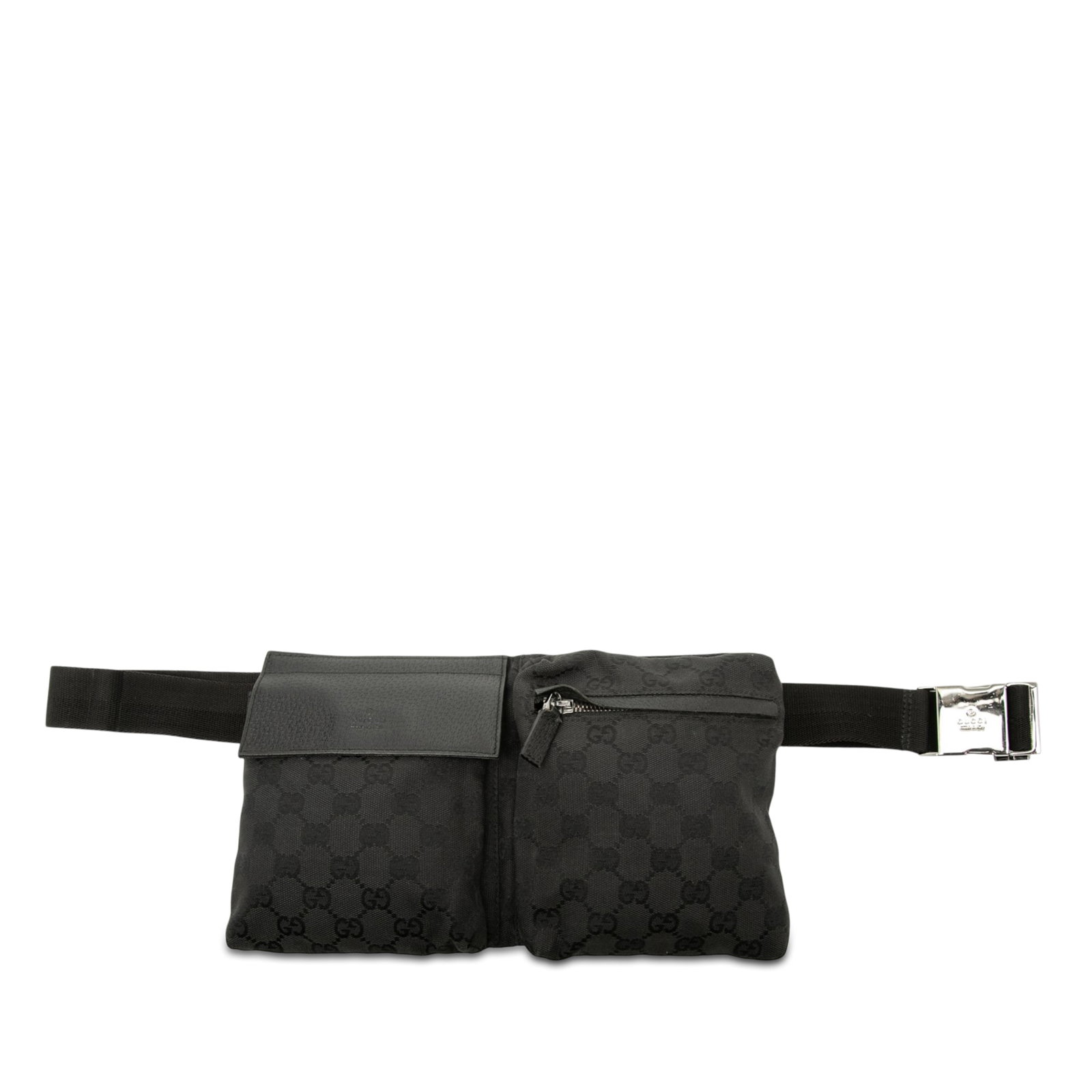 Gucci GG Canvas Belt Bag with Double Pocket Black: Gucci GG Canvas Belt Bag with Double Pocket Black Gucci GG Canvas Double Pocket Belt Bag in black with a canvas body and adjustable waist strap. The design includes exterior front flap and zip compart