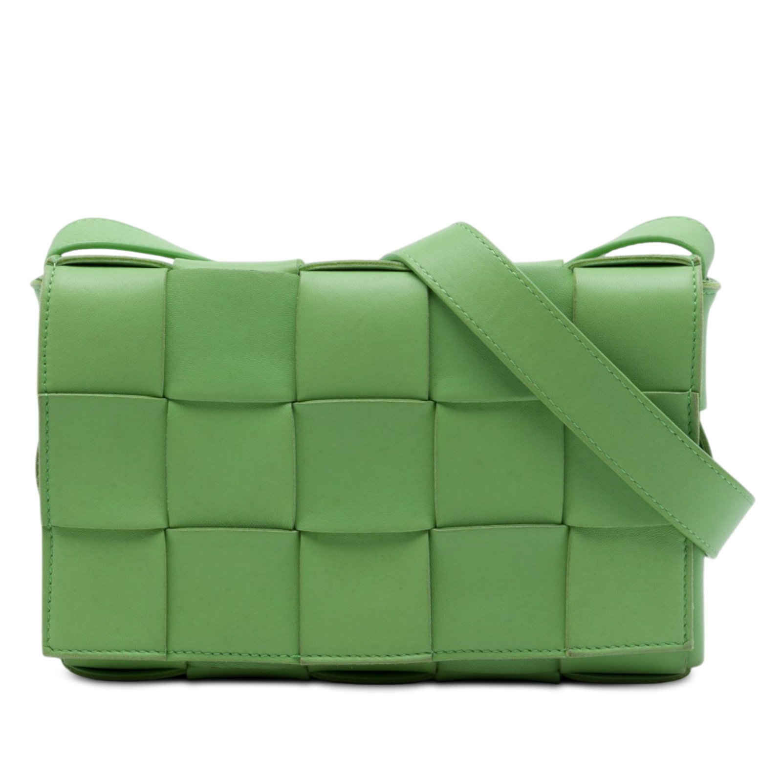 Green Leather Crossbody Bag Bottega Veneta Cassette Intrecciato: Green Leather Crossbody Bag Bottega Veneta Cassette Intrecciato This Bottega Veneta Cassette crossbody is crafted in woven nappa leather and features the signature Intrecciato design. The bag has an a