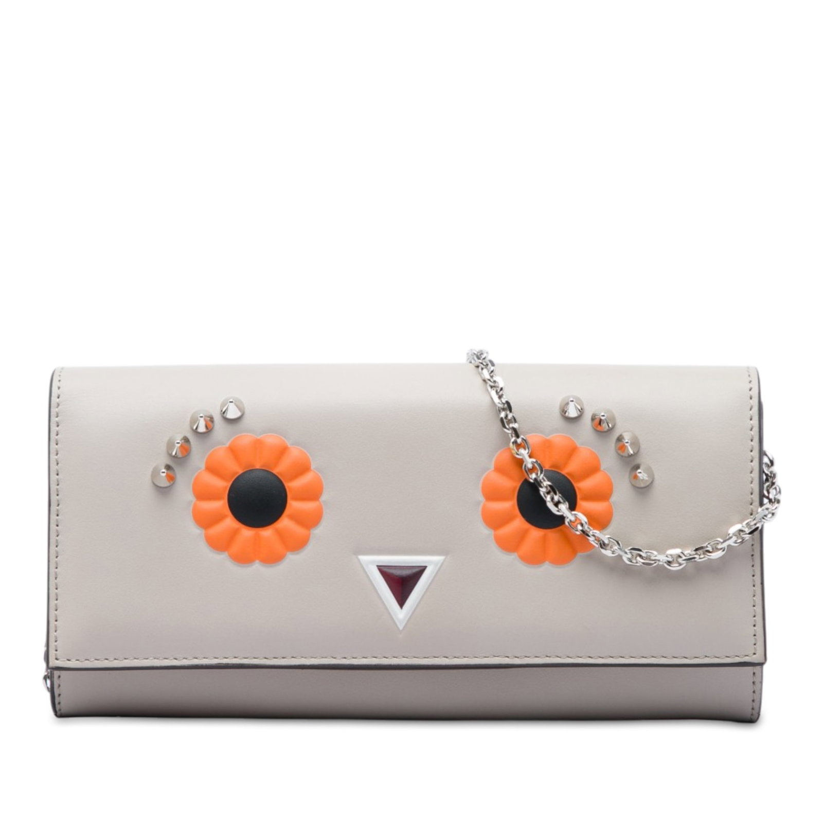 Fendi Studded Faces Leather Wallet on Chain Beige: Fendi Studded Faces Leather Wallet on Chain Beige A Fendi wallet on chain in beige leather with studded face detailing. It features a curb chain-link shoulder strap, a front flap with magnetic snap cl