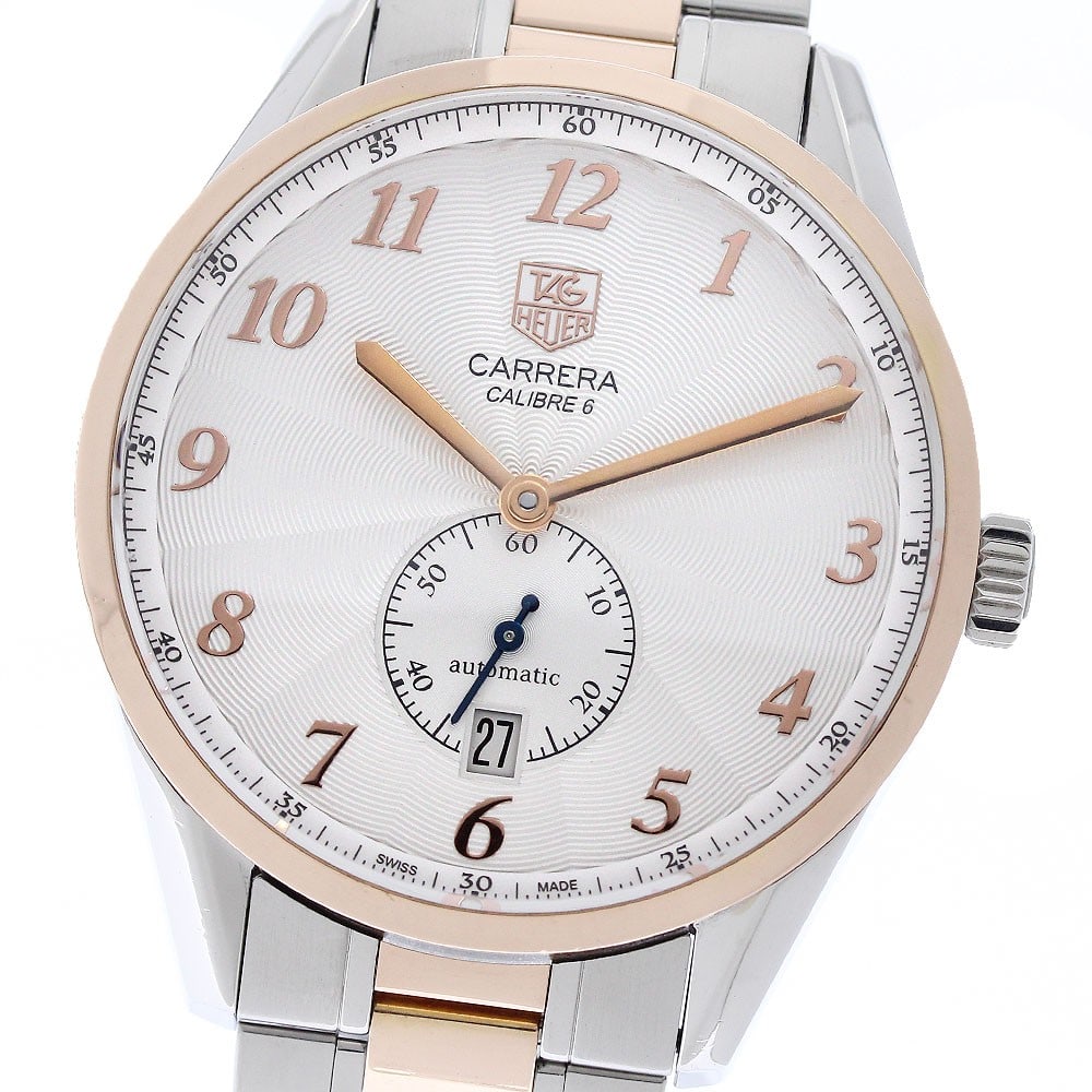 TAG Heuer Carrera WAS2151.BD0734 automatic mens wristwatch SS PG: TAG Heuer Carrera WAS2151.BD0734 automatic mens wristwatch SS PG TAG Heuer Carrera automatic men's wristwatch with a silver dial and date and small seconds functions. This Swiss-made watch shows visib