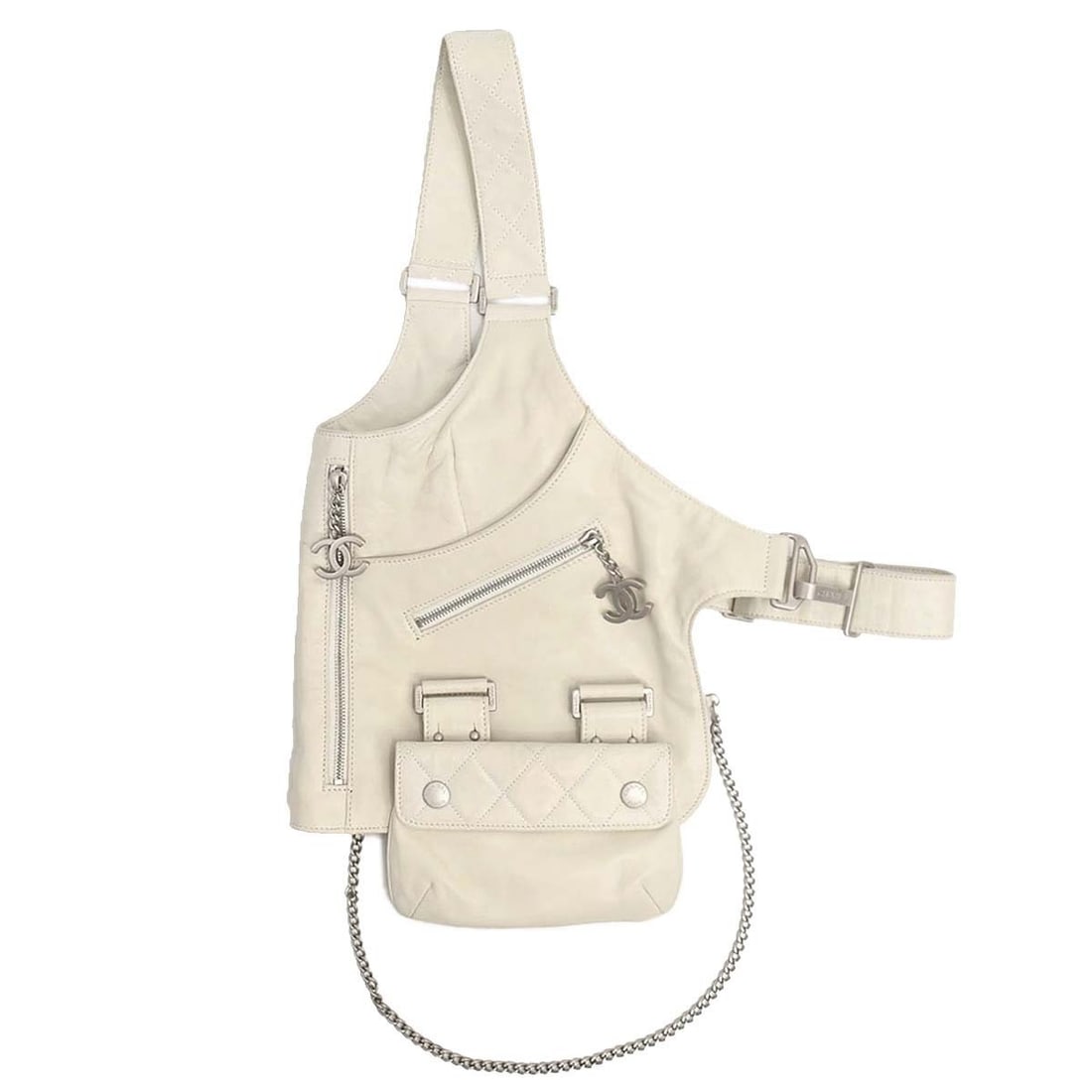 CHANEL Jacket Belt Bag White Lambskin Medium Italy: CHANEL Jacket Belt Bag White Lambskin Medium Italy Chanel Jacket Bag in white lambskin leather with a medium-size silhouette and belt bag/fanny pack styling. Made in Italy, this women's bag features t