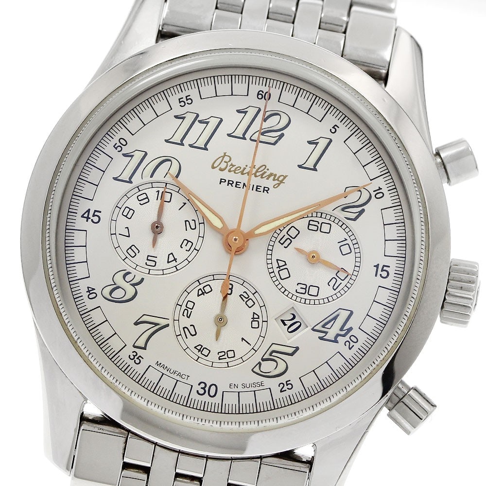 Breitling Navitimer Premier A42035 automatic chronograph wristwatch: Breitling Navitimer Premier A42035 automatic chronograph wristwatch Breitling Navitimer Premier chronograph wristwatch with automatic movement and a silver dial. This unisex model features date, chron