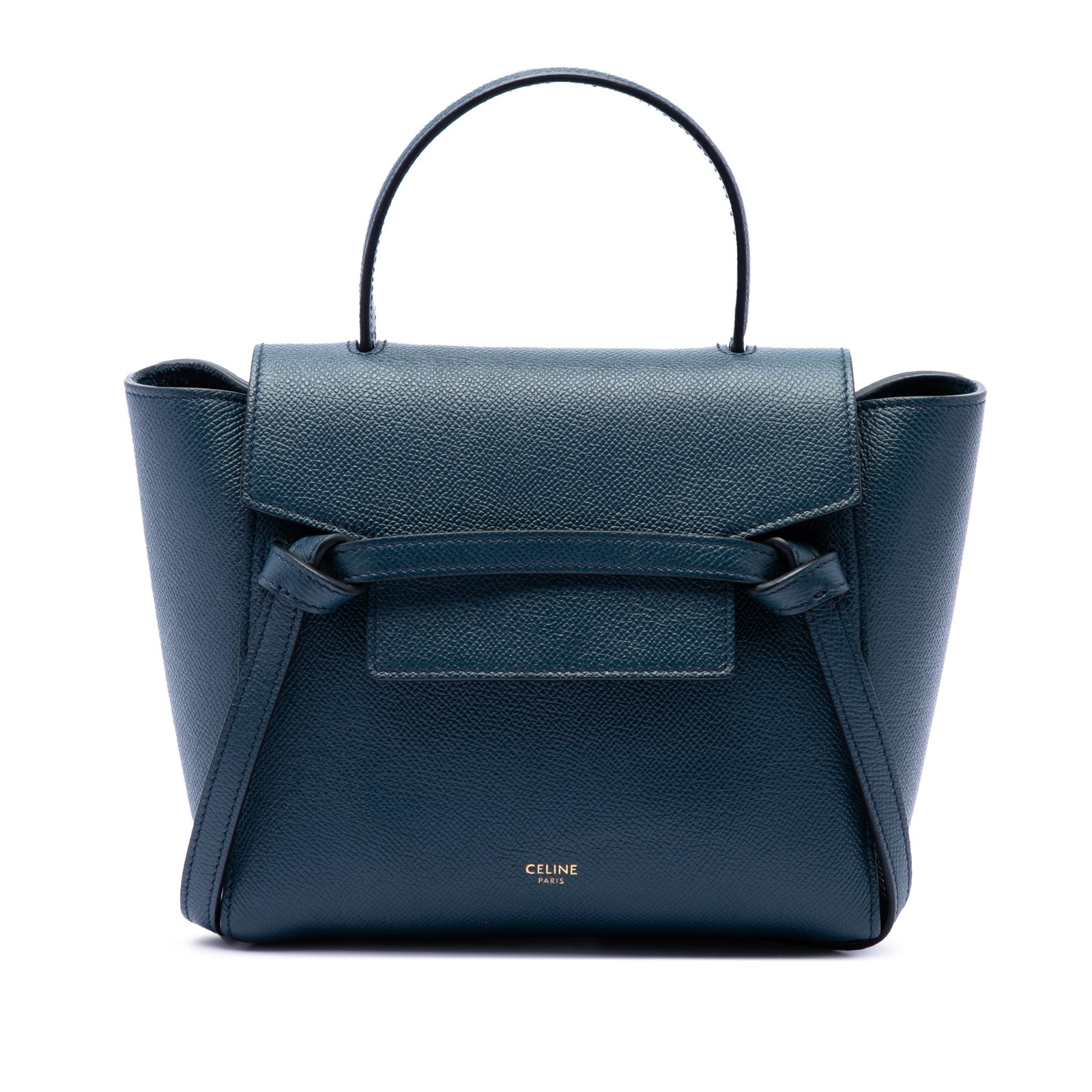 Celine Nano Belt Bag in Blue Grained Calfskin Leather: Celine Nano Belt Bag in Blue Grained Calfskin Leather Celine Nano Grained Calfskin Belt Bag in blue leather with a structured satchel silhouette. It features a flat leather handle, a top flap with sli