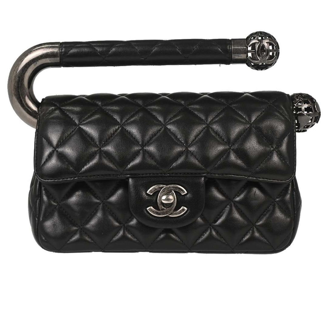 CHANEL Around the World Small Black Lambskin Top Handle Bag: CHANEL Around the World Small Black Lambskin Top Handle Bag Small Chanel top handle handbag in black lambskin leather with a turn-lock closure. Made in Italy, this structured design includes one inter