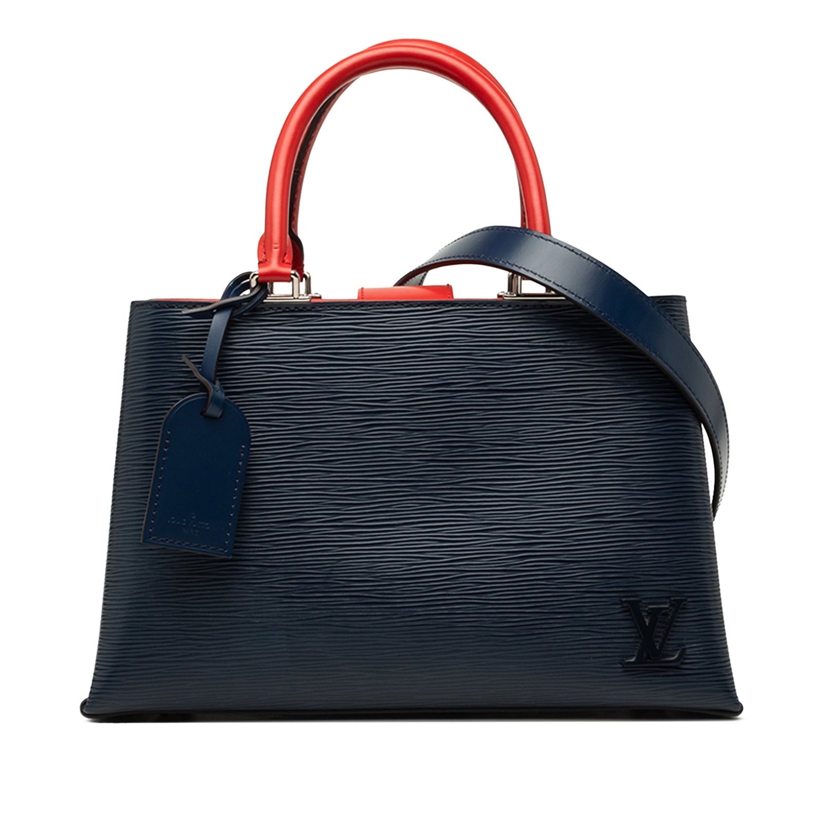 Louis Vuitton Kleber PM Epi Leather Handbag with Strap: Louis Vuitton Kleber PM Epi Leather Handbag with Strap Louis Vuitton Epi Kleber PM handbag crafted in blue Epi leather with rolled leather handles and a detachable flat leather strap. The bag features