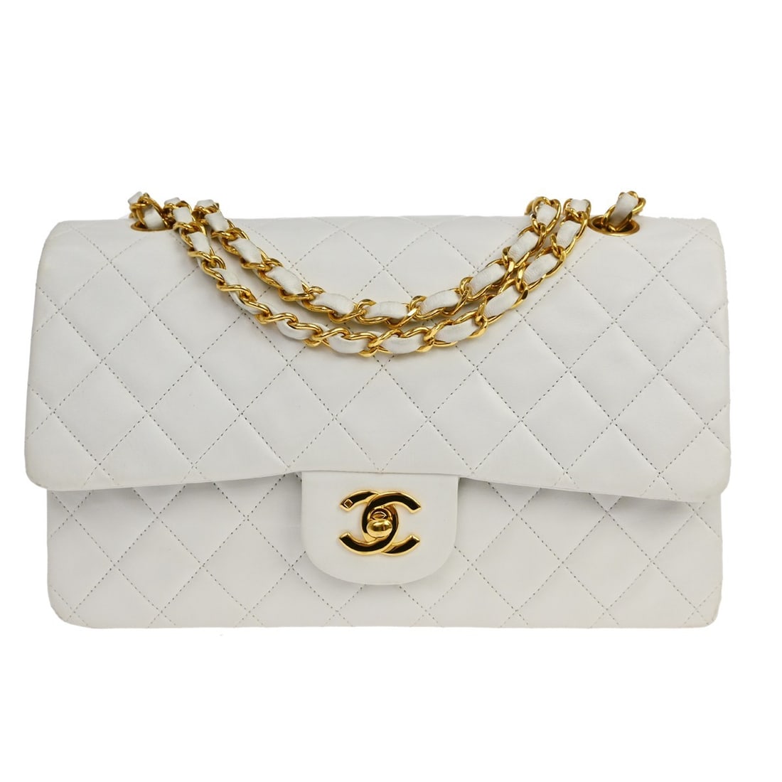 CHANEL Classic Double Flap Small White Lambskin Shoulder Bag: CHANEL Classic Double Flap Small White Lambskin Shoulder Bag Vintage Chanel Small Classic Double Flap shoulder bag in white lambskin with a matelasse pattern and flap turnlock closure. This women's sh