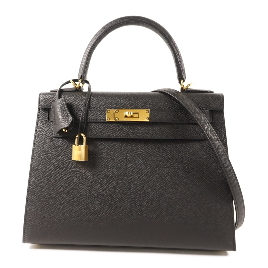 Hermes Kelly 28 handbag in Noir Epsom calfskin with shoulder strap: Hermes Kelly 28 handbag in Noir Epsom calfskin with shoulder strap Kelly 28 2-way shoulder bag in Veau Epsom leather with a structured silhouette, turn-lock closure, and interior storage compartments.
