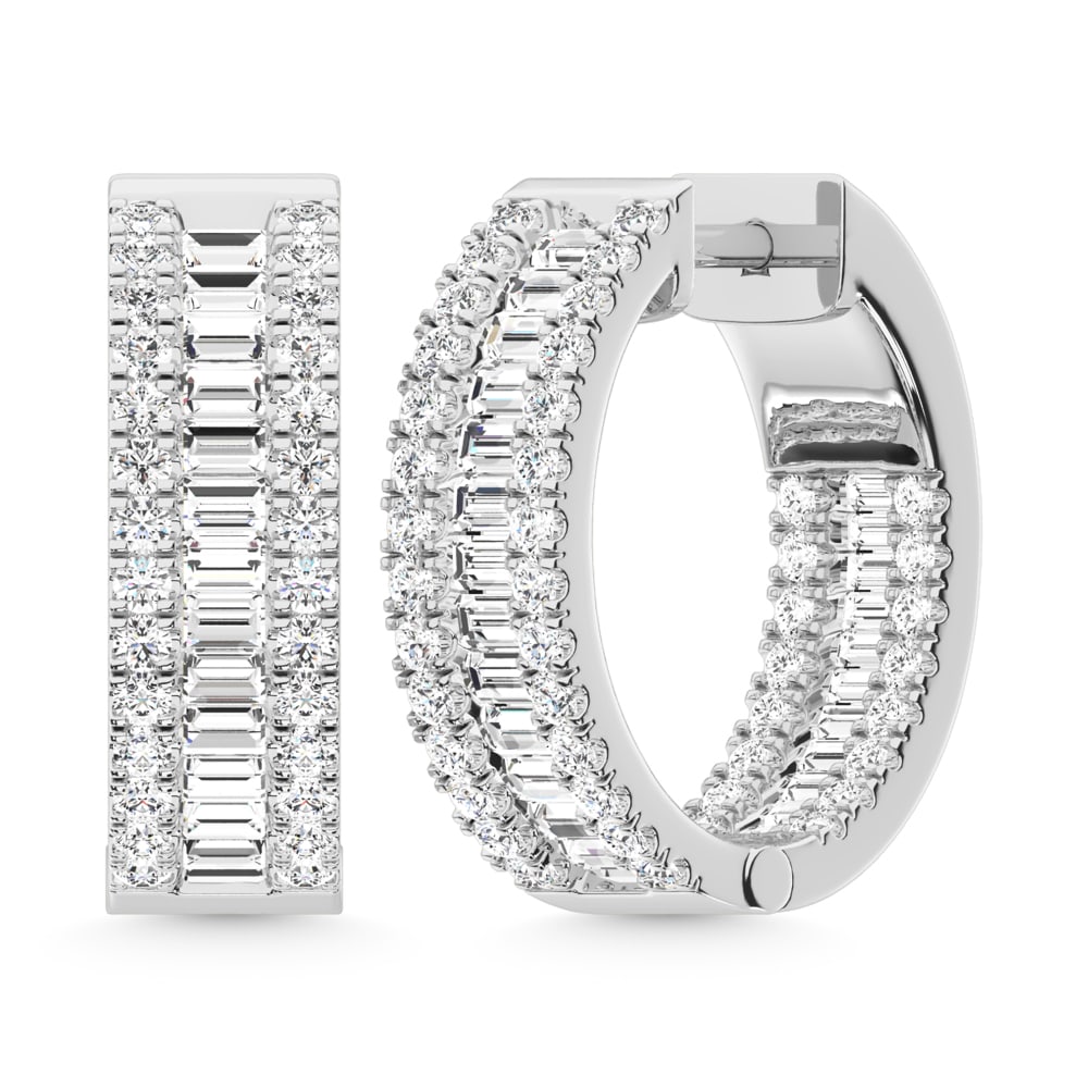 14K White Gold Lab Grown Diamond 3 Ct.Tw. Hoop Earrings: 14K White Gold Lab Grown Diamond 3 Ct.Tw. Hoop Earrings Glamorous 14K white gold hoops featuring 3 Ct.Tw. lab-grown diamonds, perfect for dazzling style. 14k White Gold Stone Color: D-f Stone Clarity: