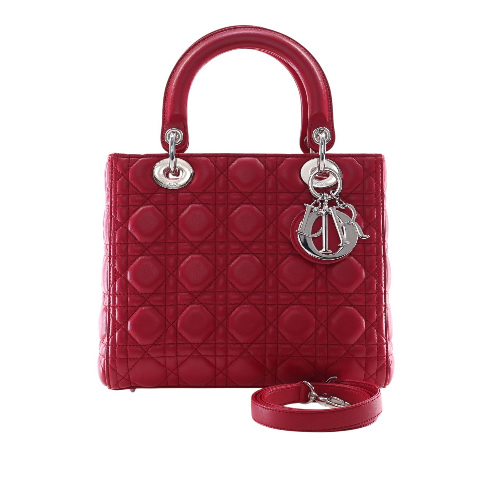 Dior Lady Dior Medium Cannage Lambskin Handbag Red: Dior Lady Dior Medium Cannage Lambskin Handbag Red A medium Lady Dior bag crafted in red quilted lambskin leather with the classic Cannage pattern. It features flat leather top handles, a detachable f