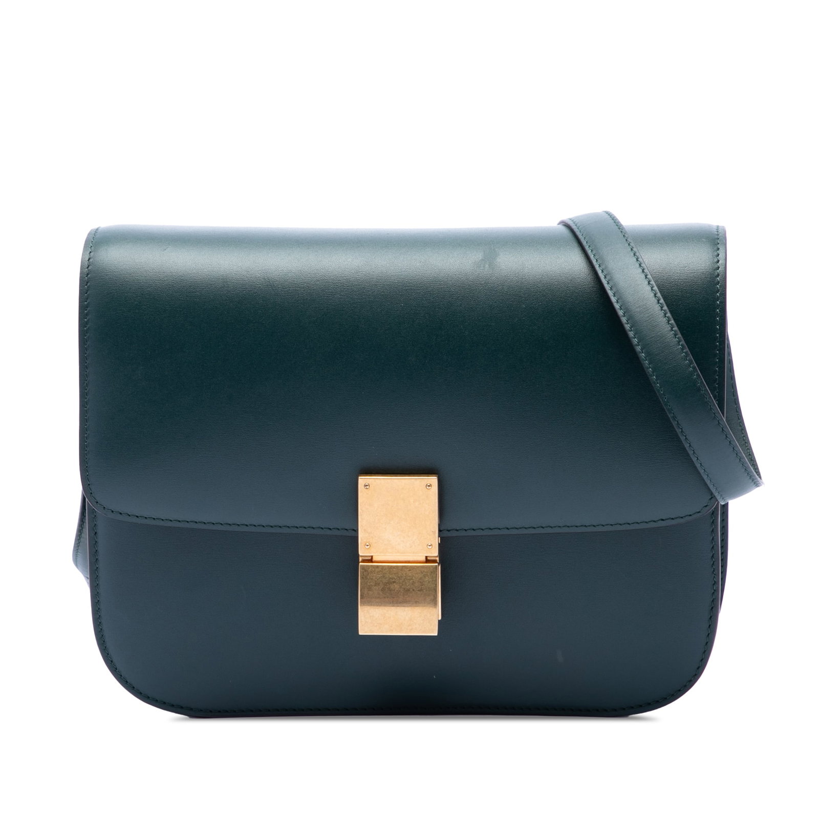 Celine Classic Box Medium Green Leather Crossbody Bag: Celine Classic Box Medium Green Leather Crossbody Bag This Celine Medium Calfskin Classic Box is a crossbody bag crafted with a leather body in green. It features a detachable flat strap, a front flap
