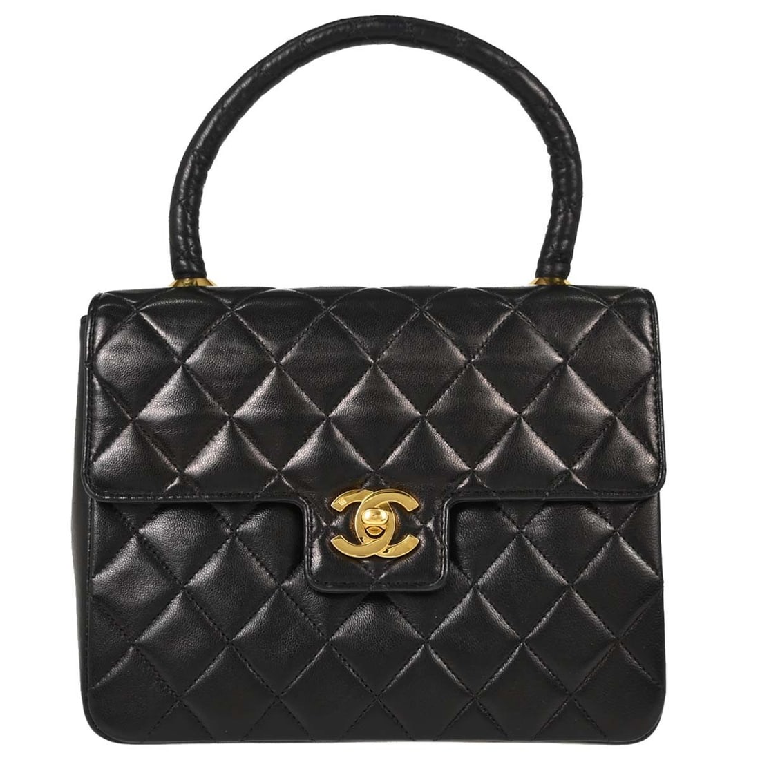 CHANEL Hand Bag Small Black Lambskin Top Handle Purse: CHANEL Hand Bag Small Black Lambskin Top Handle Purse Chanel top handle handbag in black lambskin with a leather lining and inner pockets. Made in France, this small handbag includes a serial sticker,