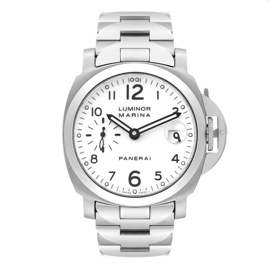 Panerai PAM00051 Luminor Marina mens watch white dial steel bracelet: Panerai PAM00051 Luminor Marina mens watch white dial steel bracelet Panerai Luminor Marina men's watch with a white dial, smooth bezel, and stainless steel bracelet. Includes card. Specifications Gen