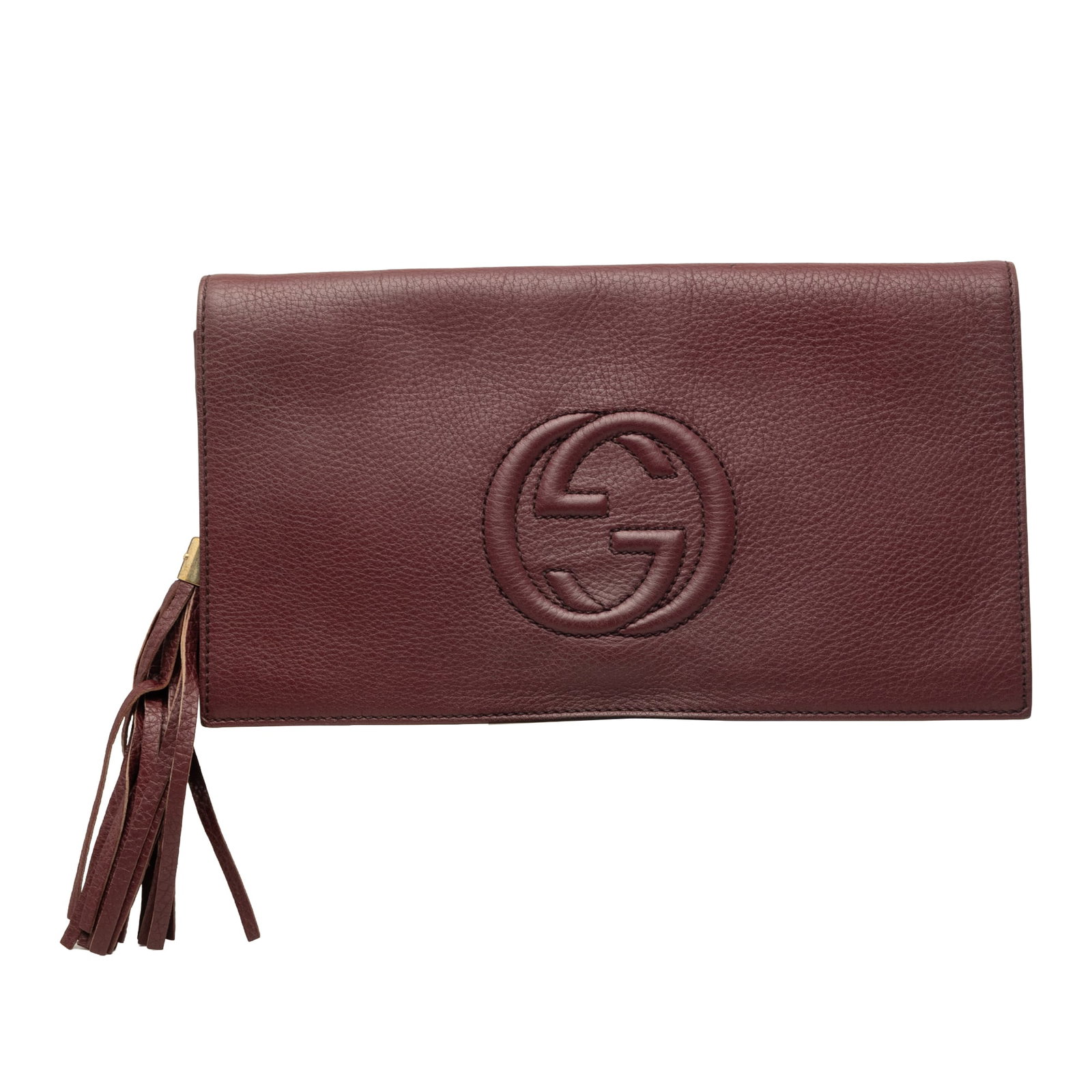 Gucci Soho Disco Calfskin Clutch Bag Red: Gucci Soho Disco Calfskin Clutch Bag Red Gucci Soho Disco clutch in red calfskin leather with tassel detail and a front flap with magnetic snap closure. The interior includes zip and slip pockets. Con