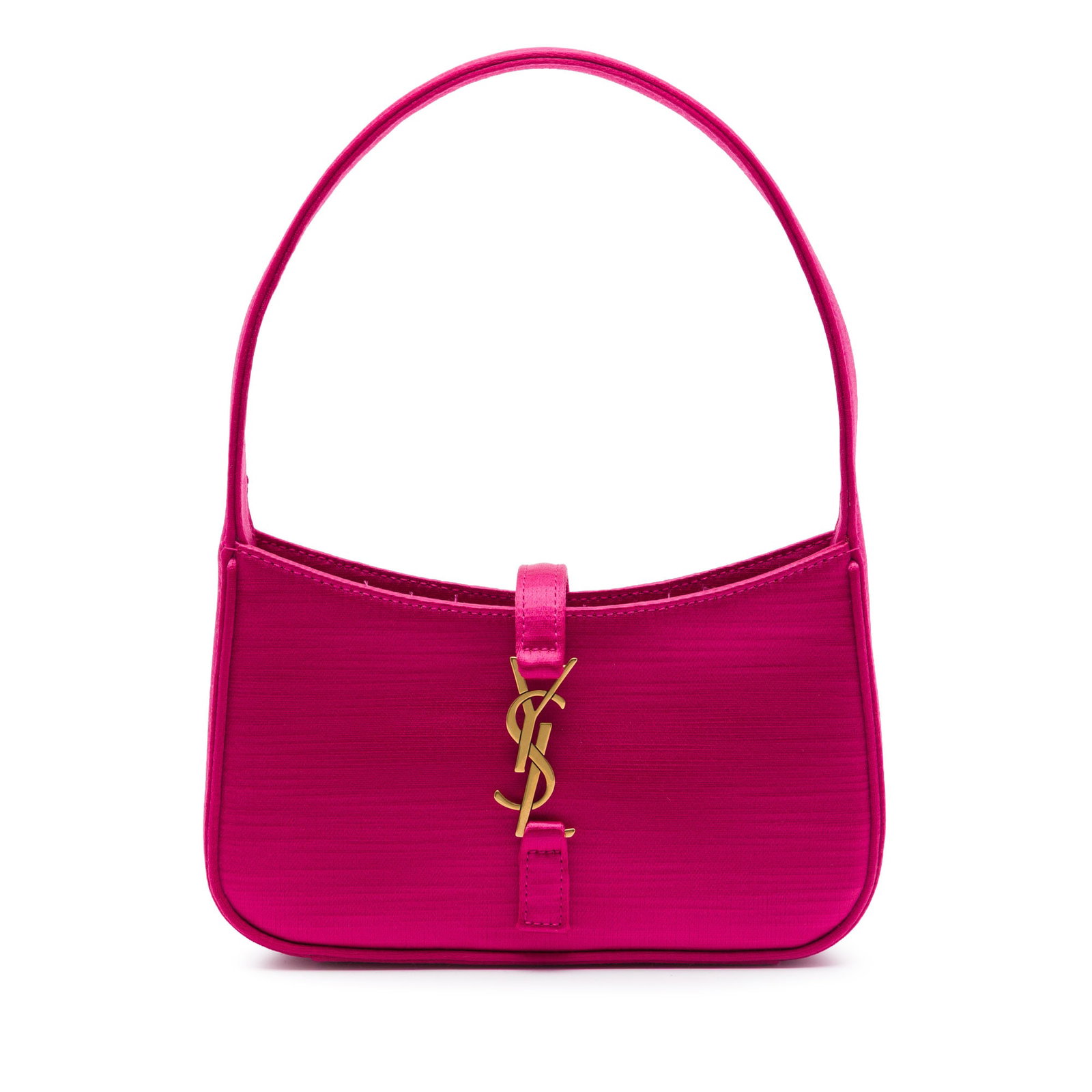 Saint Laurent Mini Le 5 a 7 Pink Satin Shoulder Bag: Saint Laurent Mini Le 5 a 7 Pink Satin Shoulder Bag Saint Laurent Mini Le 5 a 7 shoulder bag crafted in pink satin with a flat leather handle, front pull-through closure, and an interior slip pocket. 