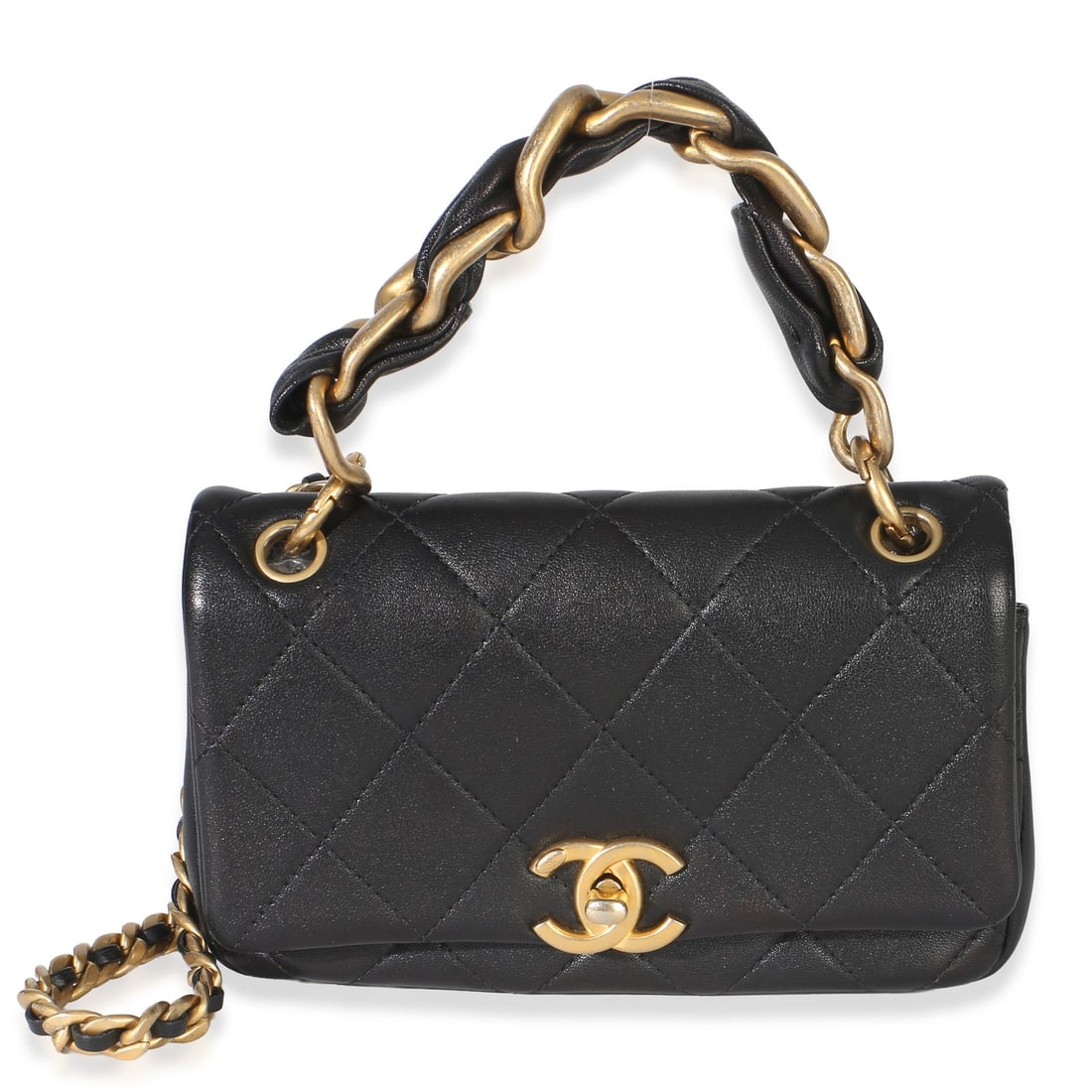 Chanel Small Chain Is More Flap Shoulder Bag Black Leather: Chanel Small Chain Is More Flap Shoulder Bag Black Leather Chanel Small Chain Is More Flap Bag in black quilted lambskin with a turnlock closure and gold-tone hardware. This pre-owned shoulder bag inc