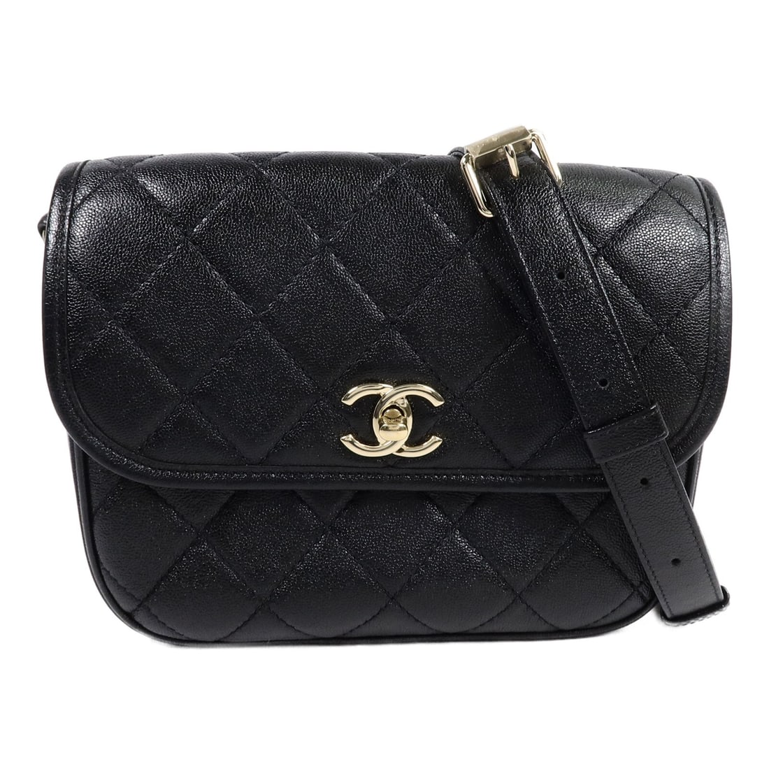 CHANEL AS2448 CC Shoulder Bag Black Calfskin Chain GHW: CHANEL AS2448 CC Shoulder Bag Black Calfskin Chain GHW Chanel CC chain shoulder bag in black calfskin leather with a turn-lock closure and an adjustable chain shoulder strap. The bag features one exte