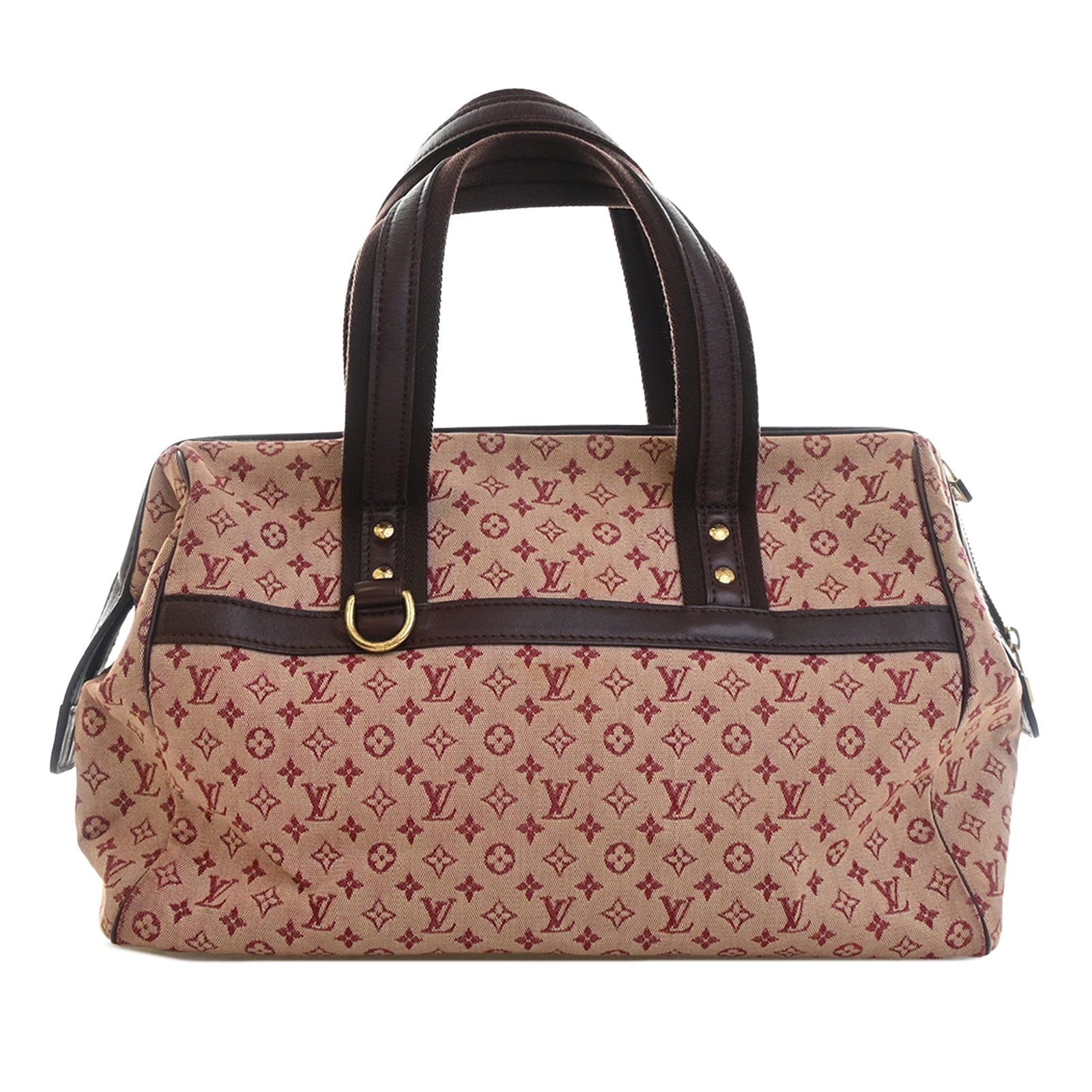 Louis Vuitton Josephine GM Monogram Mini Lin Red Handbag: Louis Vuitton Josephine GM Monogram Mini Lin Red Handbag Louis Vuitton Josephine GM handbag in red Monogram Mini Lin fabric with flat canvas handles, leather trim, and a top zip closure. The interior 