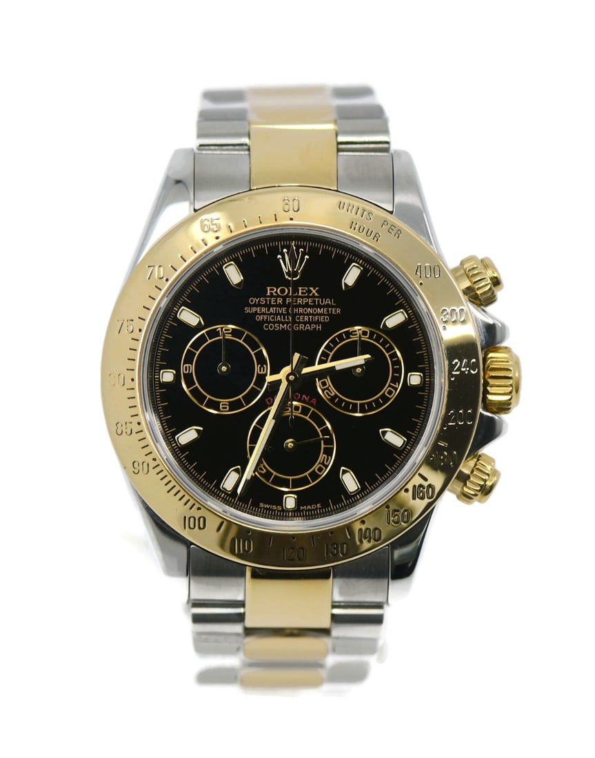Rolex Daytona 116523 Black Dial Automatic Wristwatch with Box: Rolex Daytona 116523 Black Dial Automatic Wristwatch with Box This pre-owned Rolex Daytona 18K and stainless steel wristwatch, reference 116523, features an automatic mechanical movement and a black a