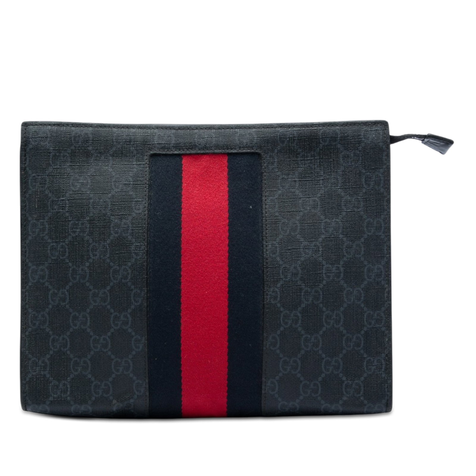 Gucci GG Supreme zip clutch bag with web detail: Gucci GG Supreme zip clutch bag with web detail Gucci GG Supreme Web Clutch in black with a coated canvas body and signature web detail. The clutch features a top zip closure and an interior slip pock