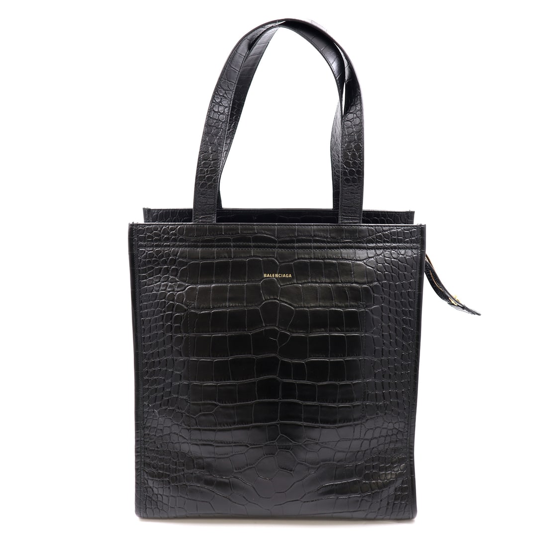 Balenciaga Bazar Black Crocodile Leather Medium Tote Bag with Gold Tone Hardware: Balenciaga Bazar Black Crocodile Leather Medium Tote Bag with Gold Tone Hardware Discover the Balenciaga Bazar Black Crocodile Leather Medium Shopper Tote Bag, a perfect blend of elegance and function