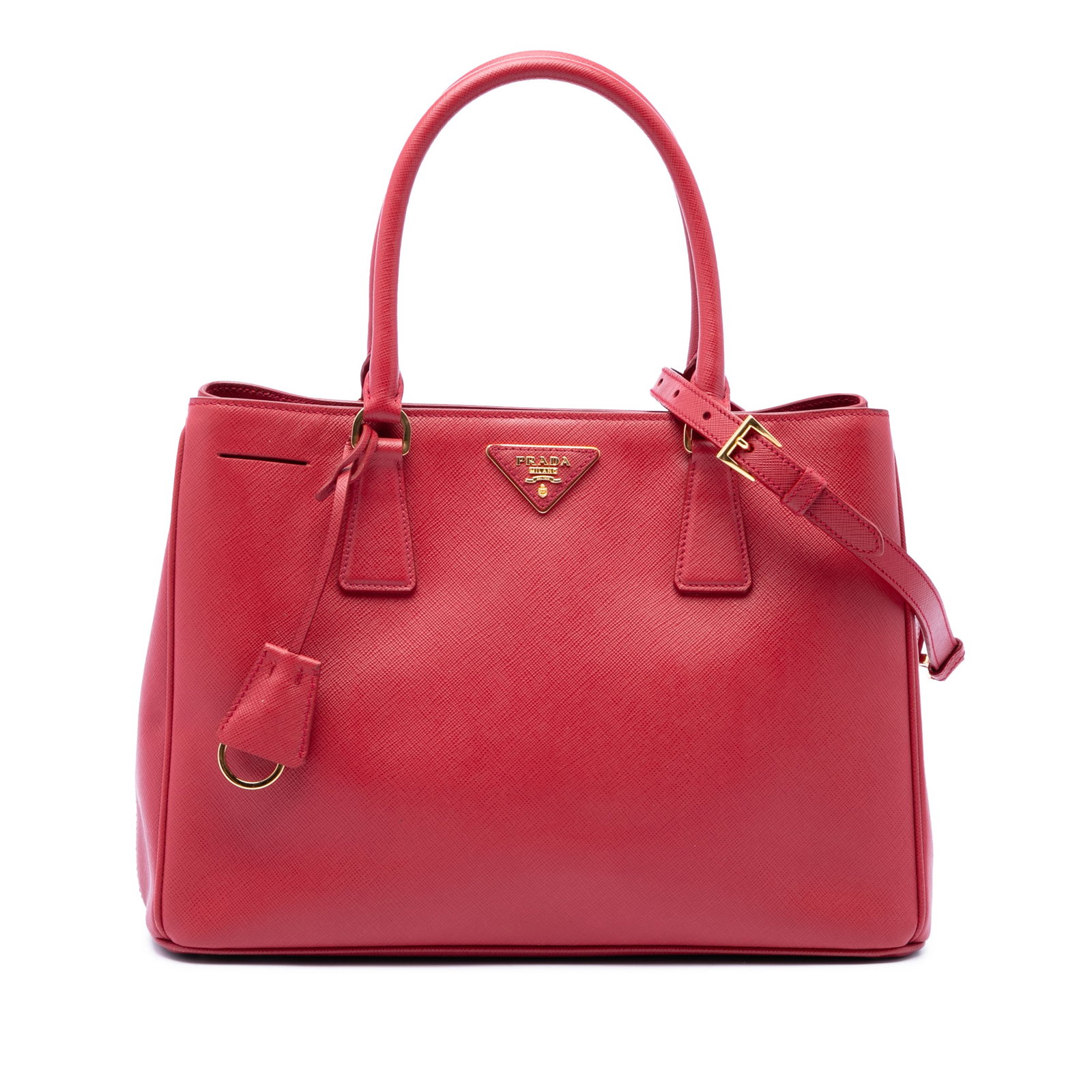 Prada Galleria Medium Saffiano Lux Leather Satchel Red: Prada Galleria Medium Saffiano Lux Leather Satchel Red This Prada Medium Saffiano Lux Galleria Satchel is crafted in red saffiano leather with a structured silhouette. It features rolled leather handl