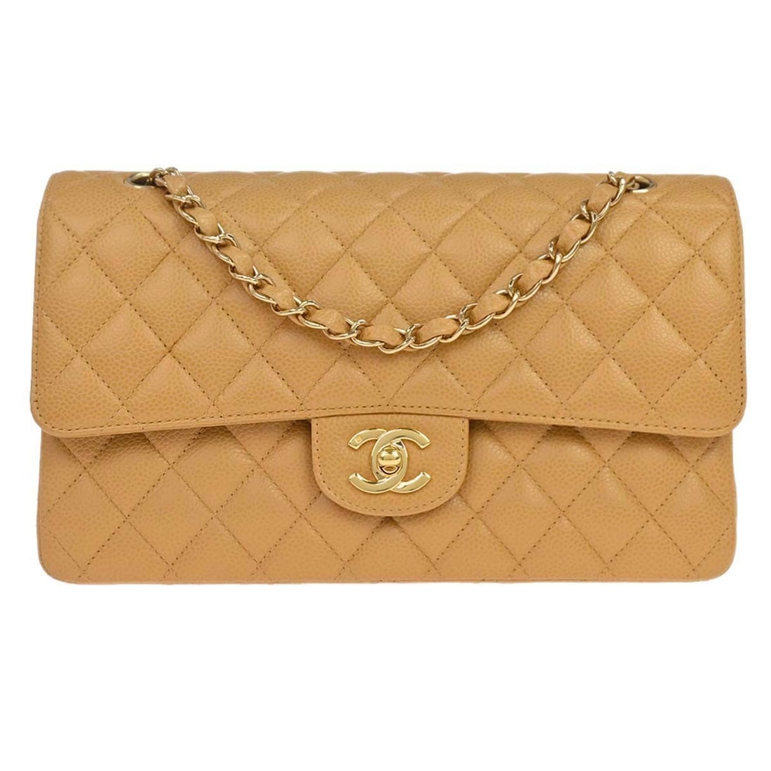 CHANEL Classic Double Flap Medium Beige Caviar Shoulder Bag: CHANEL Classic Double Flap Medium Beige Caviar Shoulder Bag Chanel Classic Double Flap Medium shoulder bag in beige caviar skin leather with the signature matelasse pattern and turnlock closure. Desig