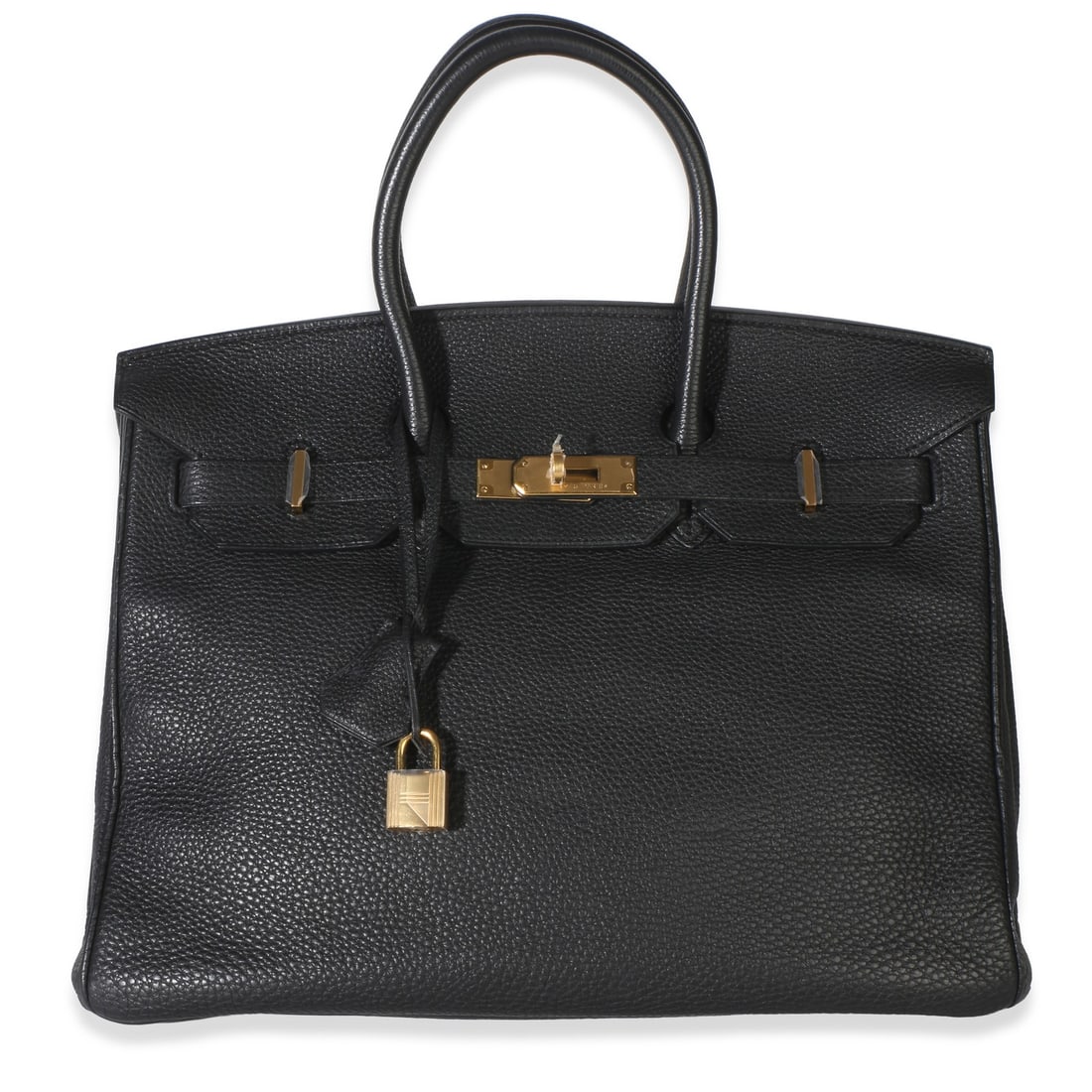 Hermes Birkin 35 black leather top handle bag with lock and key: Hermes Birkin 35 black leather top handle bag with lock and key Hermes Birkin 35 top handle handbag in black Togo leather with gold-tone hardware. This pre-owned bag features a turnlock closure, black