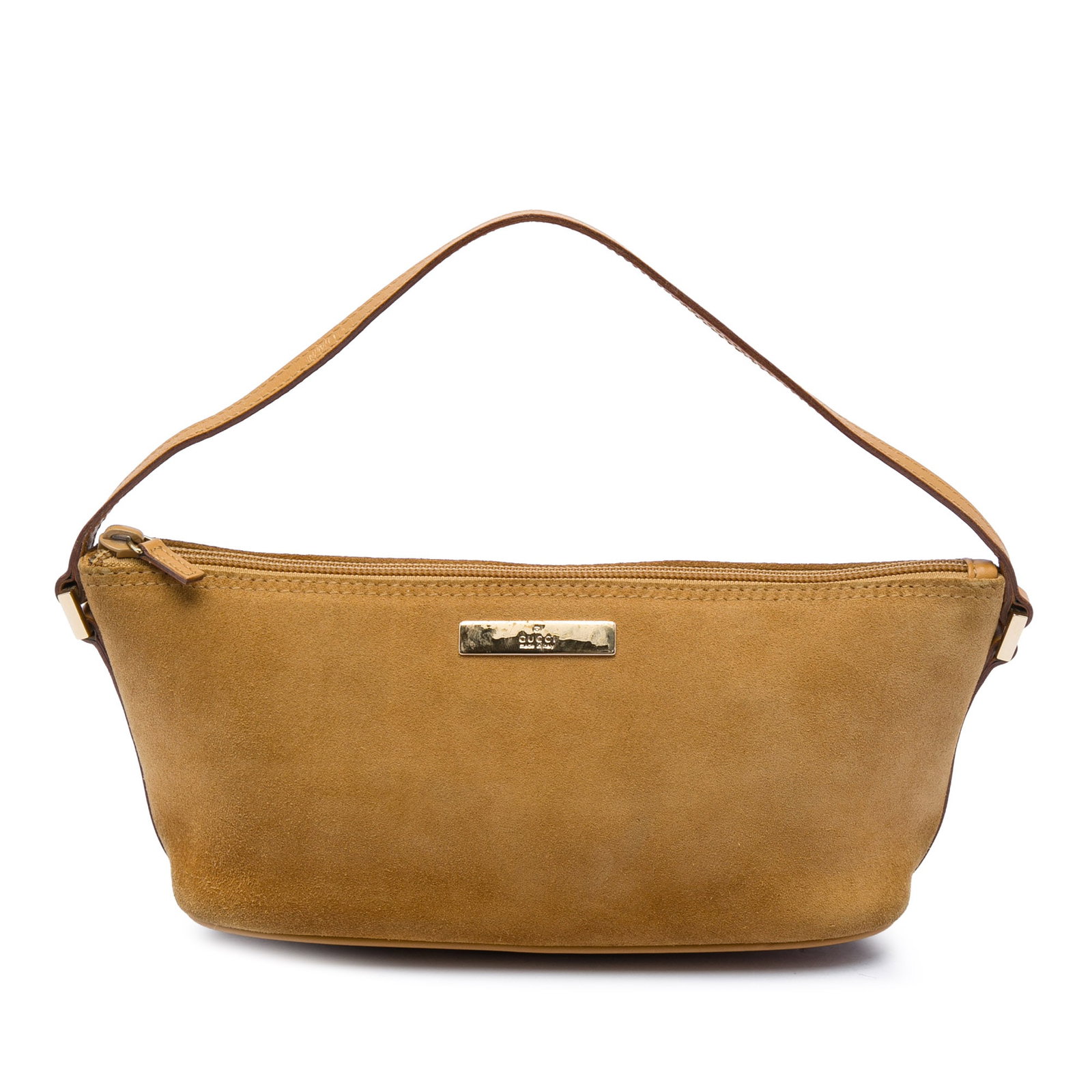 Gucci Suede Boat Brown Suede Shoulder Bag: Gucci Suede Boat Brown Suede Shoulder Bag A Gucci Suede Boat shoulder bag in brown with a suede body, flat leather strap, and top zip closure. Made in Italy, this bag shows visible wear consistent wit
