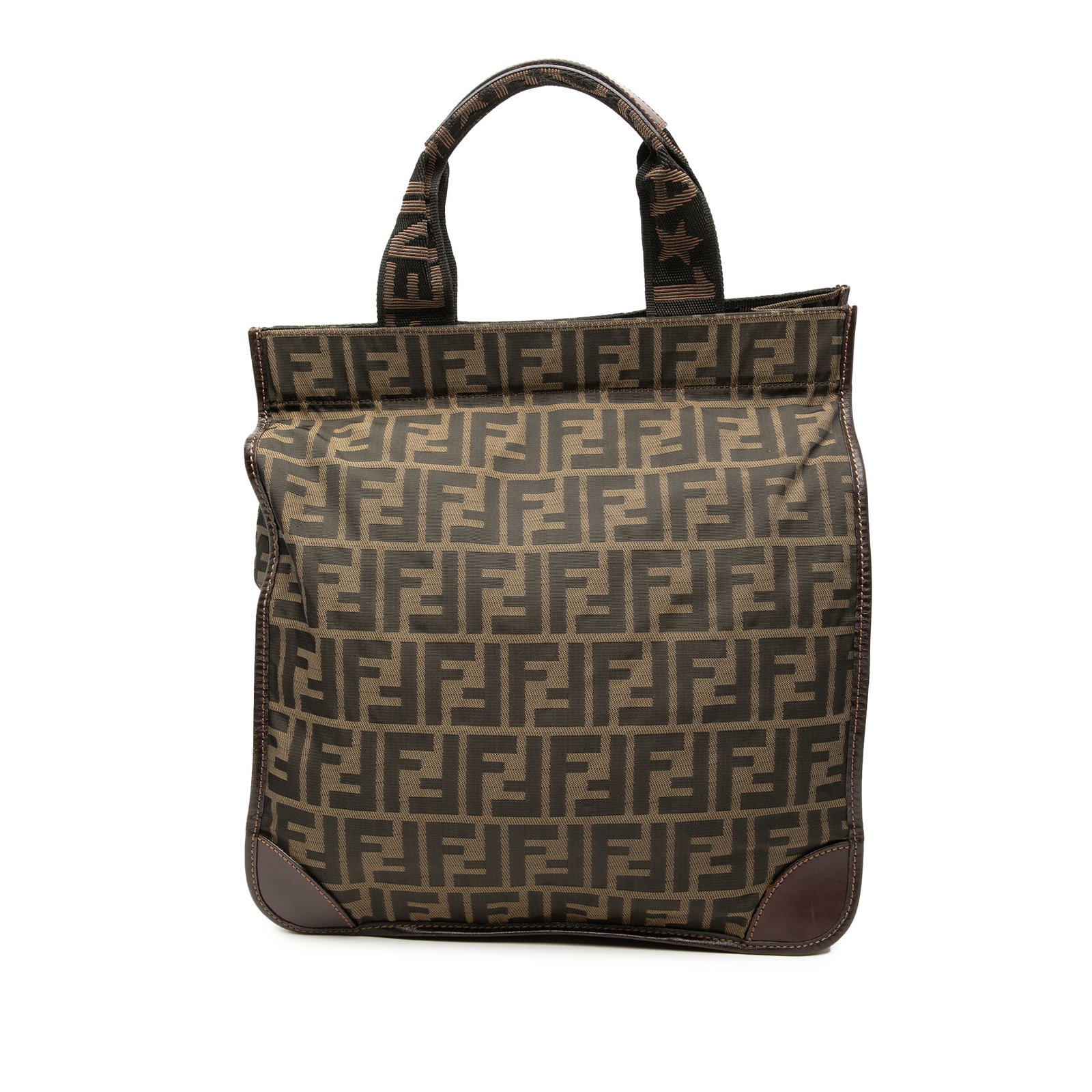 Fendi Zucca Canvas Tote Bag with Leather Trim Brown: Fendi Zucca Canvas Tote Bag with Leather Trim Brown Fendi Zucca Canvas Shopping Tote crafted with a canvas body and leather trim. This open-top tote features flat canvas handles and a button closure. 