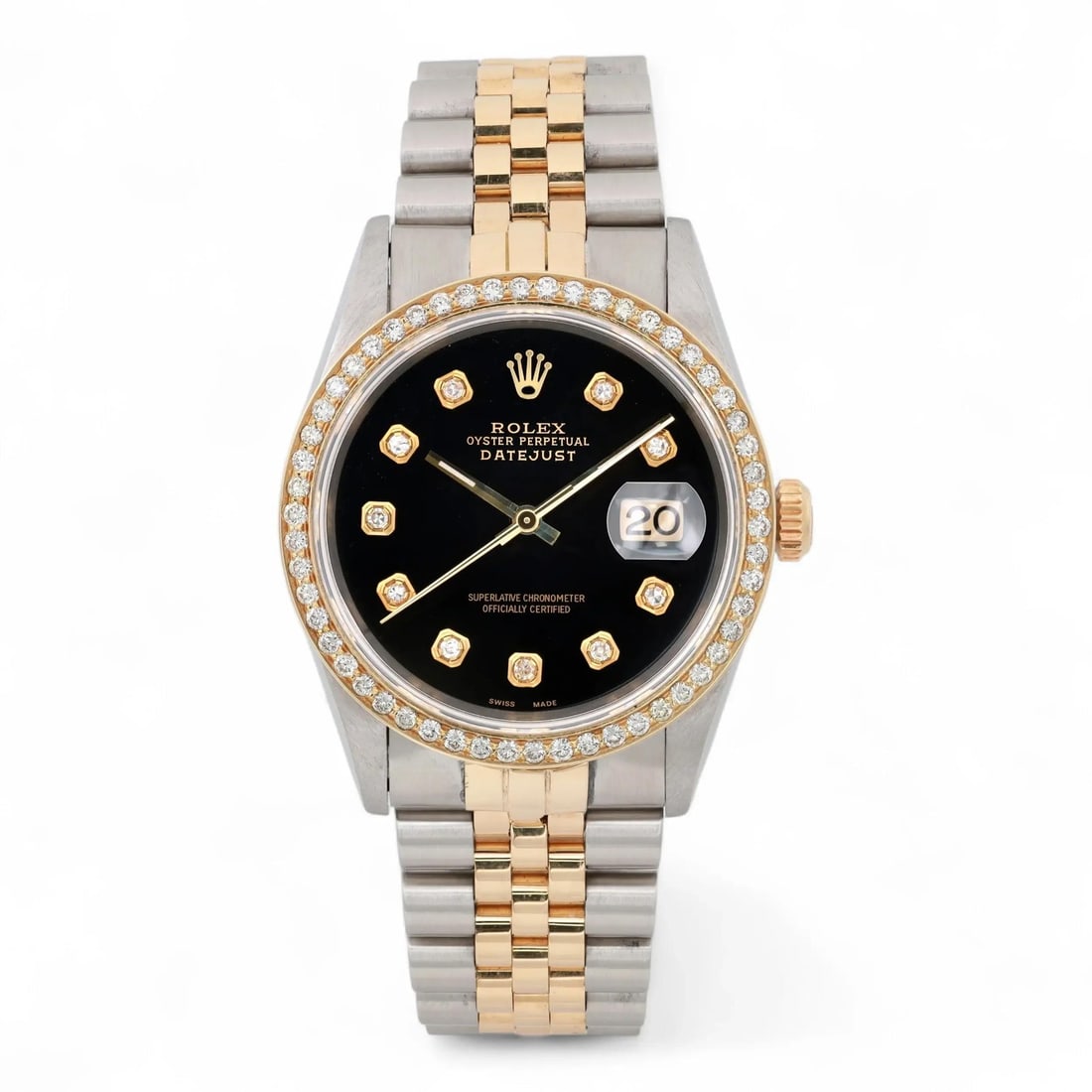 Rolex Datejust 16233 18K Gold Custom Diamond Bezel Black Dial Automatic Watch: Rolex Datejust 16233 18K Gold Custom Diamond Bezel Black Dial Automatic Watch This stunning Rolex Datejust watch features a luxurious 18K gold custom diamond bezel and a striking black dial, making it