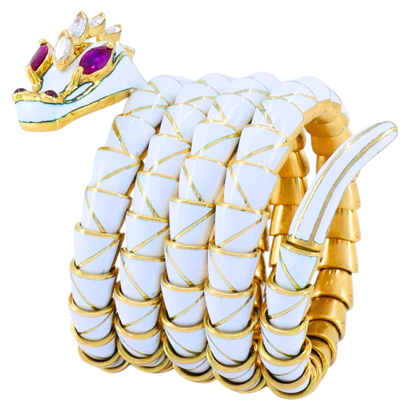 Bulgari Dragon Bracelet in 18k Gold with White Enamel: Bulgari Dragon Bracelet in 18k Gold with White Enamel Rare vintage Bulgari dragon bracelet in 18k yellow gold with white enamel, designed as a coiled dragon that wraps around the wrist. The dragon's h