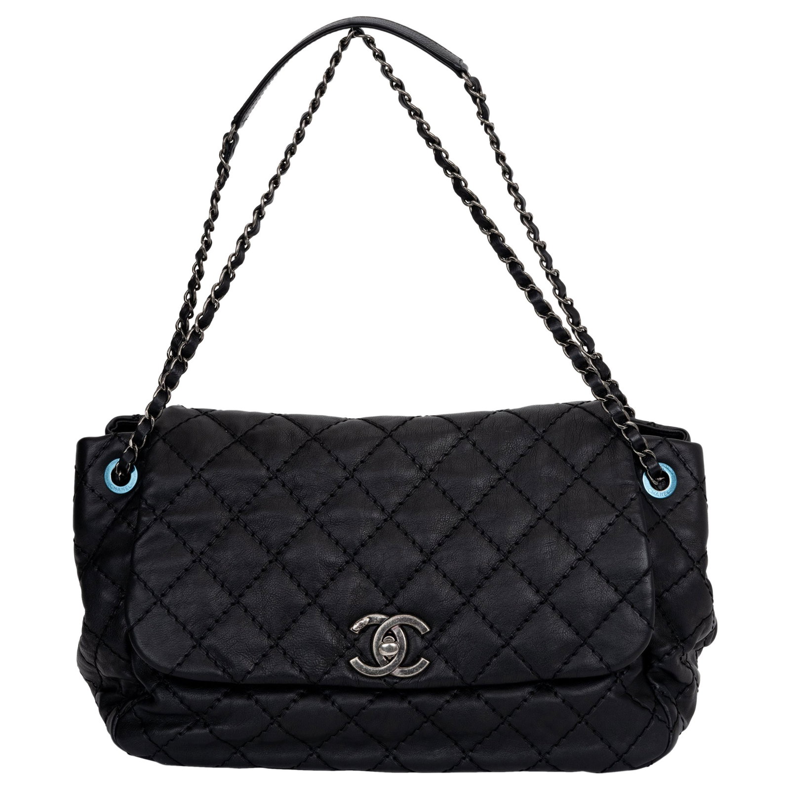 Chanel Black Calfskin Flap Bag Collection 17 with Hologram: Chanel Black Calfskin Flap Bag Collection 17 with Hologram Introducing the Chanel New Black Calfskin Flap Bag, a stunning accessory that combines timeless elegance with modern functionality. This vers