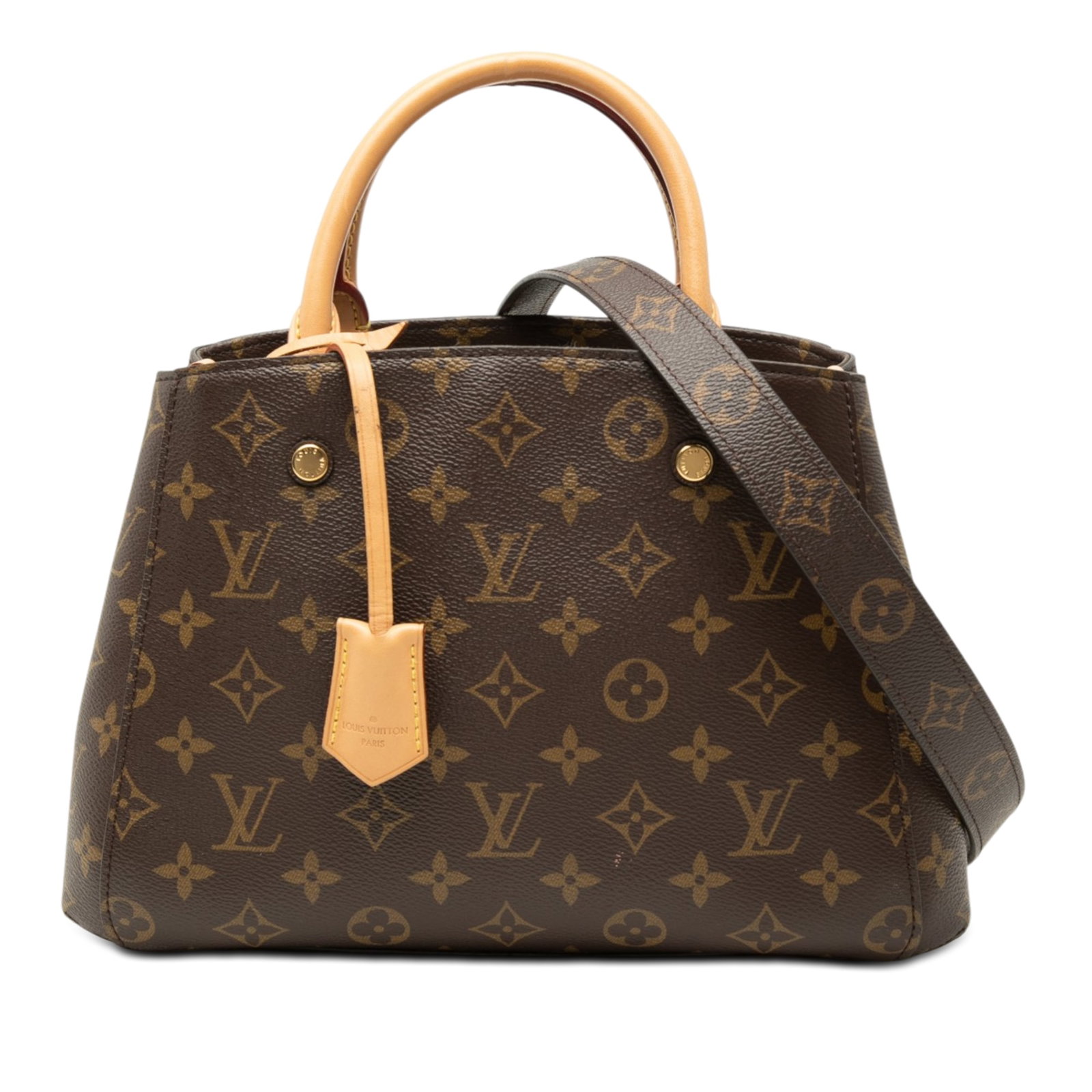 Louis Vuitton Montaigne BB Monogram Canvas Satchel with Strap: Louis Vuitton Montaigne BB Monogram Canvas Satchel with Strap Louis Vuitton Monogram Montaigne BB handbag crafted in monogram canvas with rolled vachetta leather handles and a detachable shoulder stra