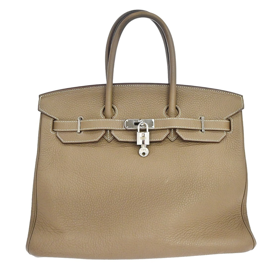 HERMES Birkin 35 Taurillon Clemence Etoupe Gray Satchel: HERMES Birkin 35 Taurillon Clemence Etoupe Gray Satchel Hermes Birkin 35 handbag in Etoupe Gray Taurillon Clemence leather with double handles, turnlock closure, and lock accent. This satchel-style to